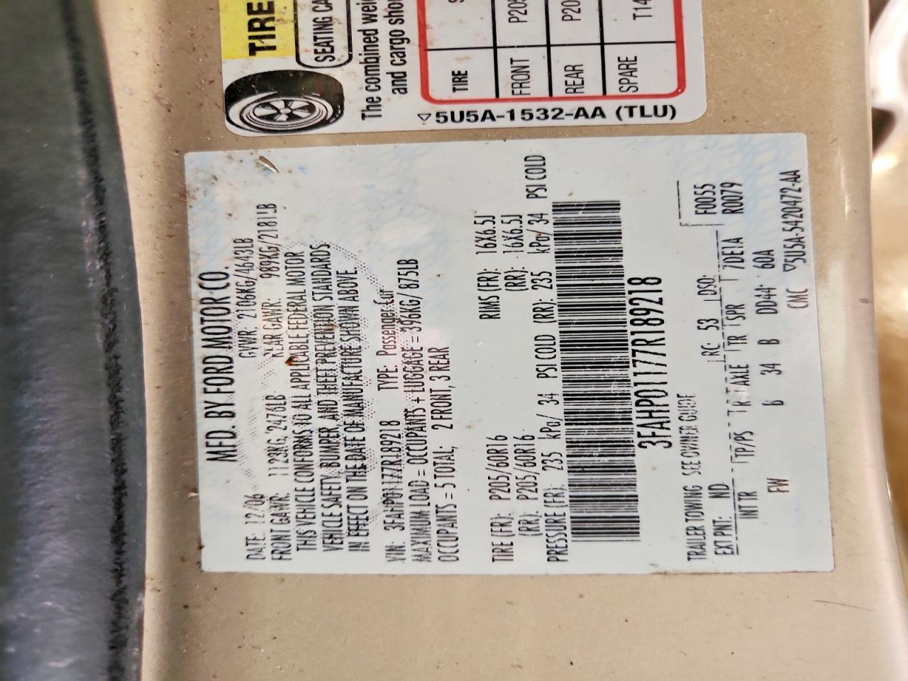 2007 Ford Fusion Se Tan vin: 3FAHP01177R189218