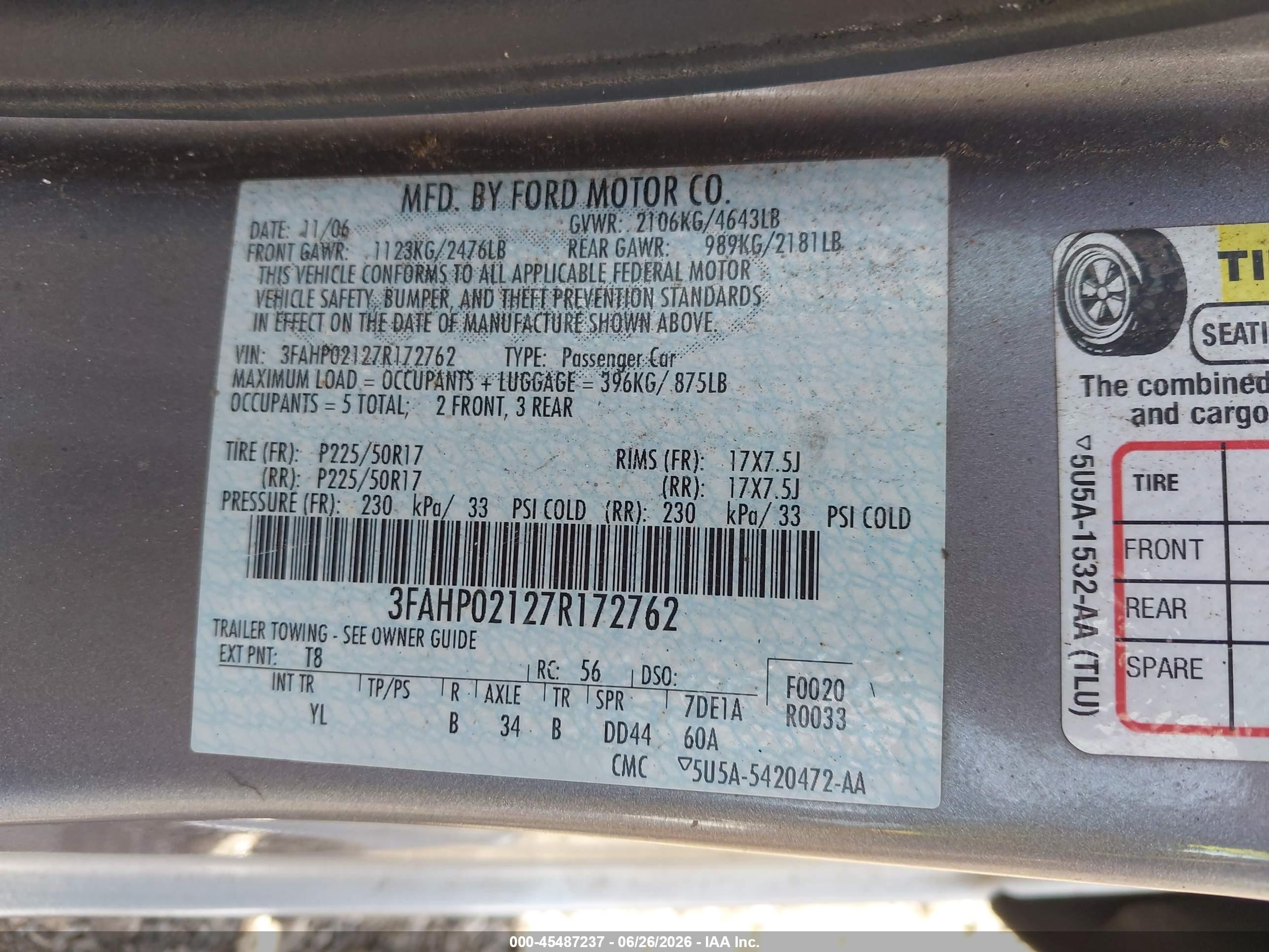 2007 Ford Fusion Sel Silver vin: 3FAHP02127R172762