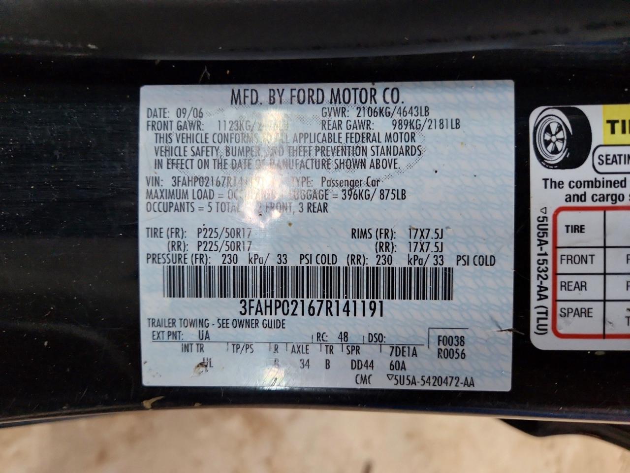 2007 Ford Fusion Sel Black vin: 3FAHP02167R141191