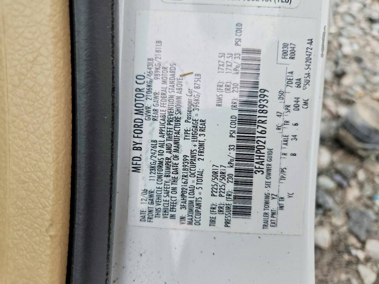 2007 Ford Fusion Sel White vin: 3FAHP02167R189399