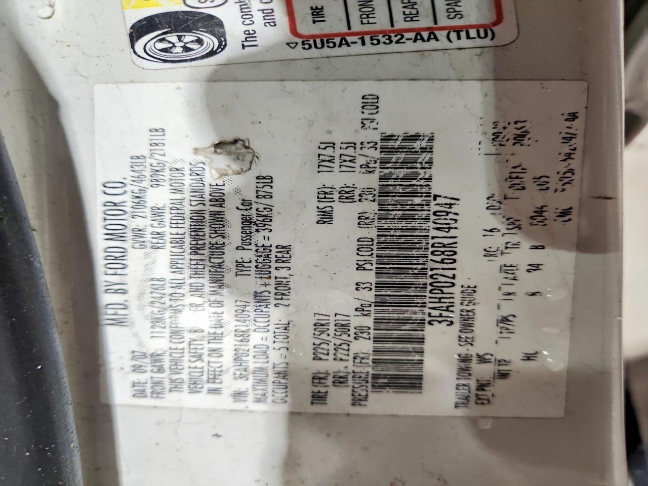 2008 Ford Fusion Sel White vin: 3FAHP02168R140947