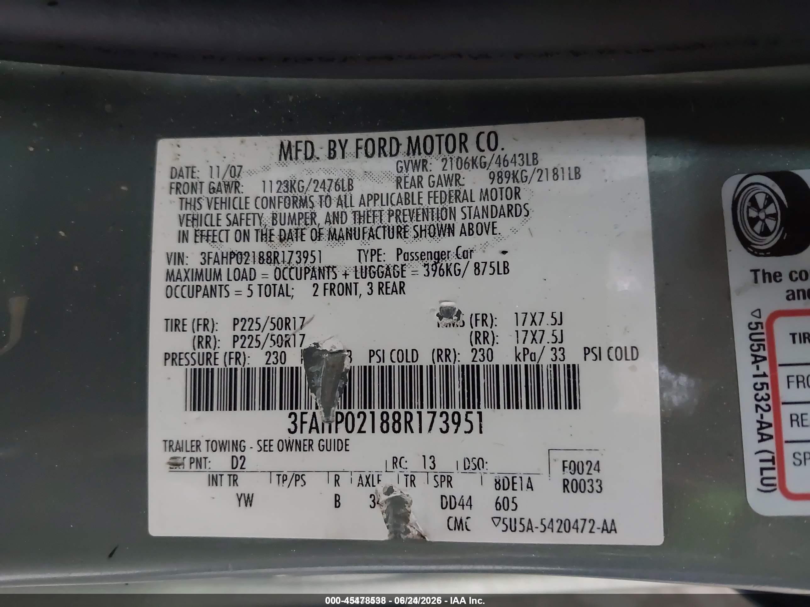 2008 Ford Fusion Sel Green vin: 3FAHP02188R173951