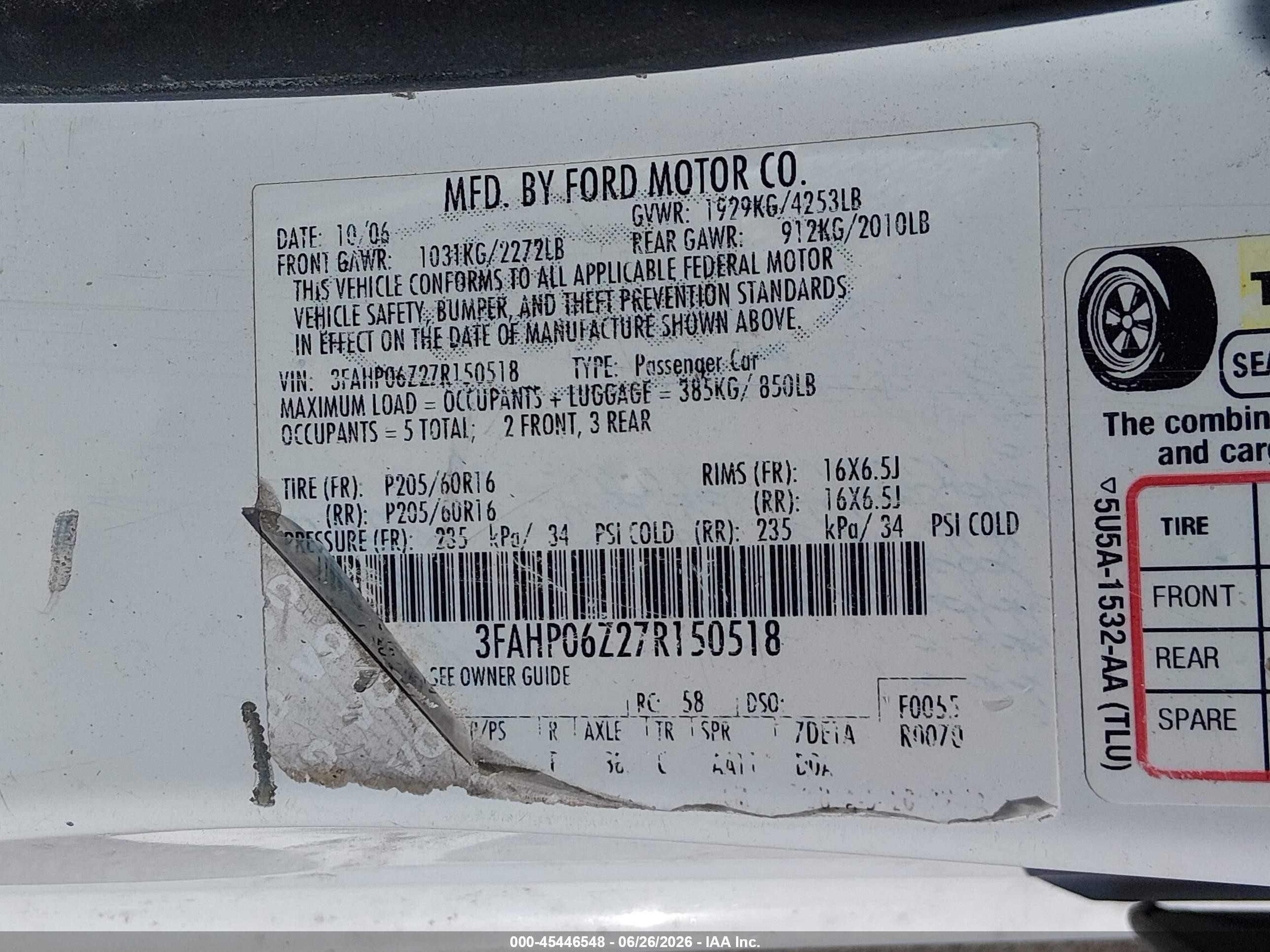 2007 Ford Fusion S White vin: 3FAHP06Z27R150518