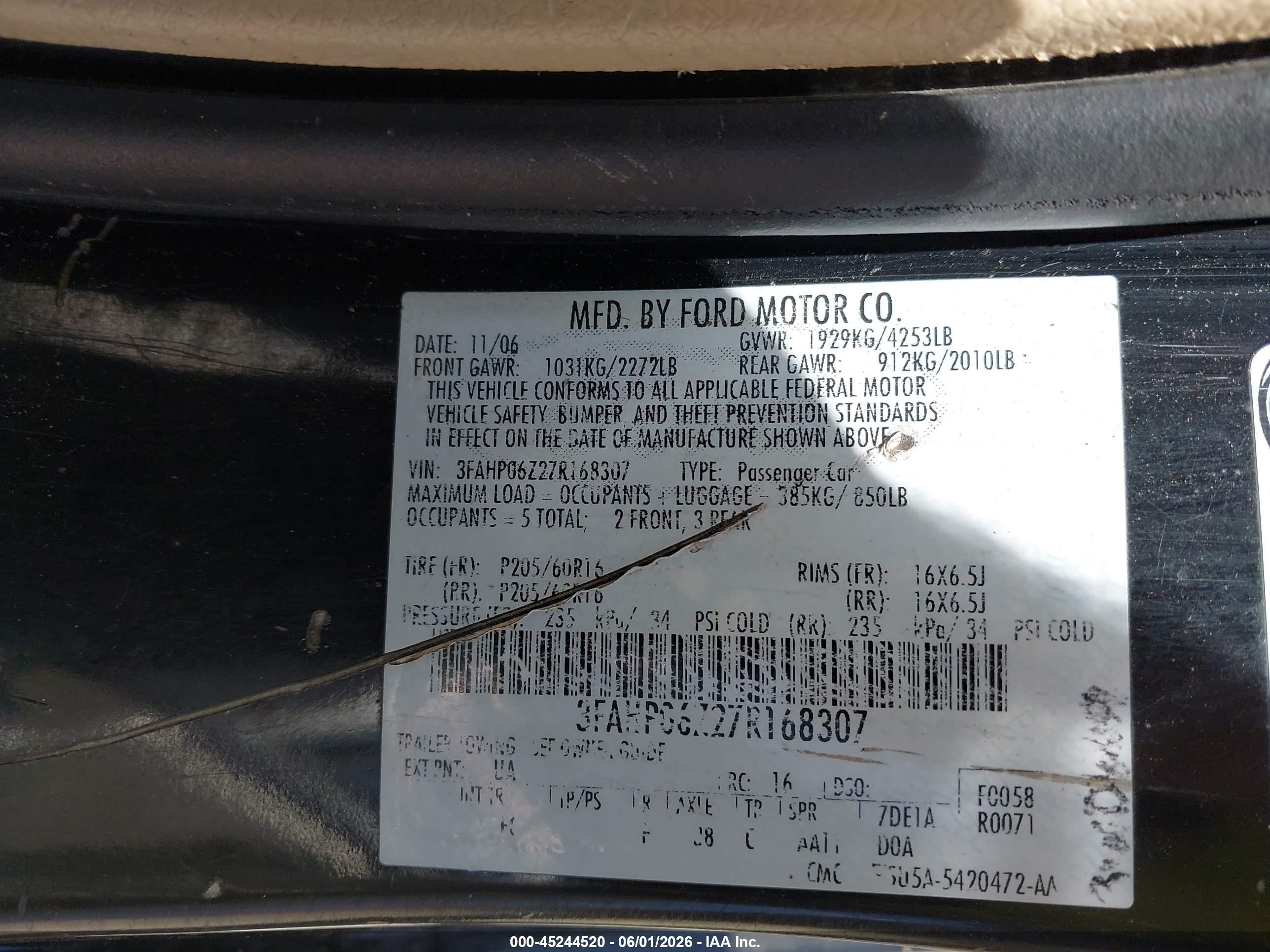 2007 Ford Fusion S Black vin: 3FAHP06Z27R168307