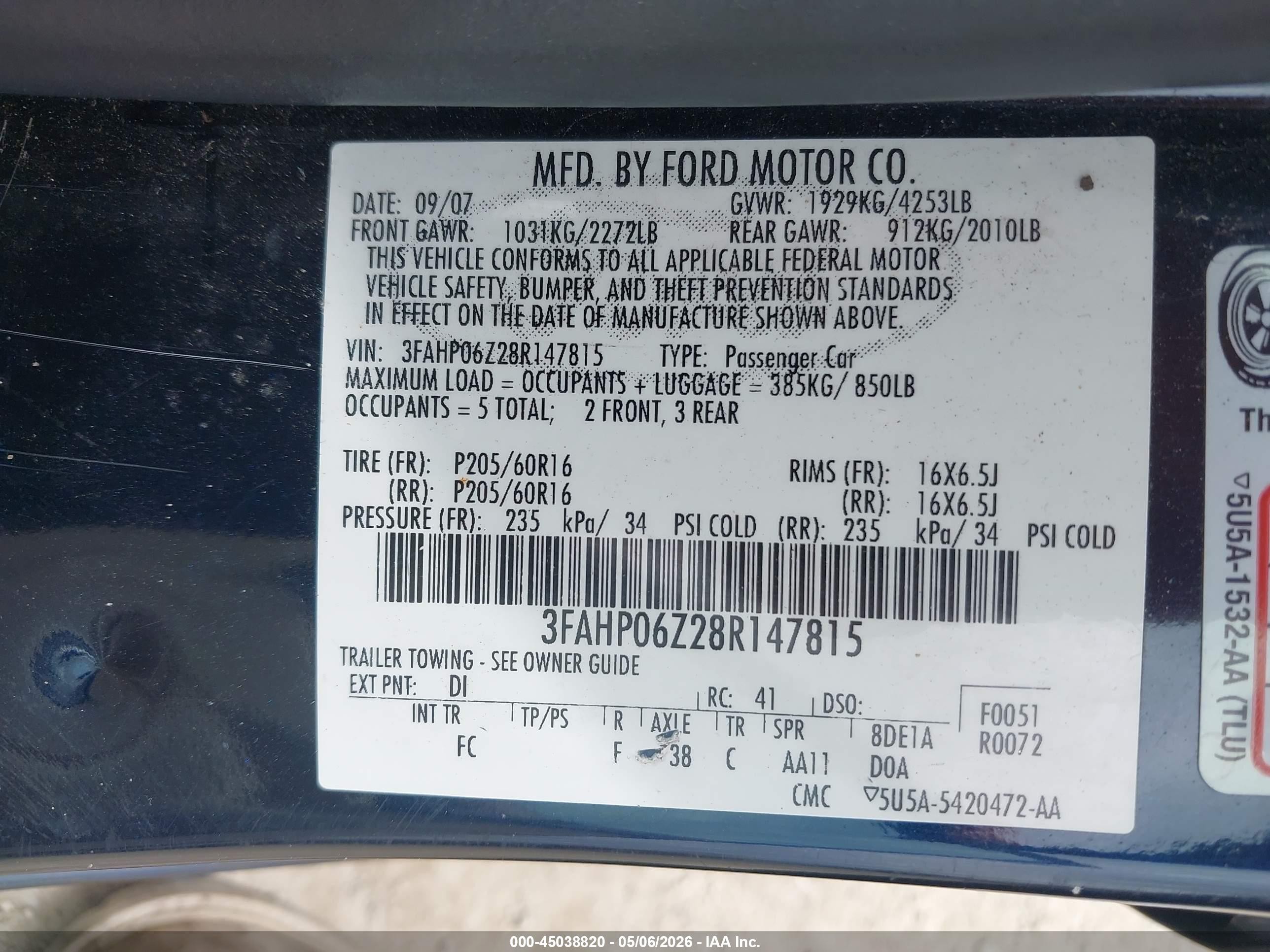 2008 Ford Fusion S Dark Blue vin: 3FAHP06Z28R147815