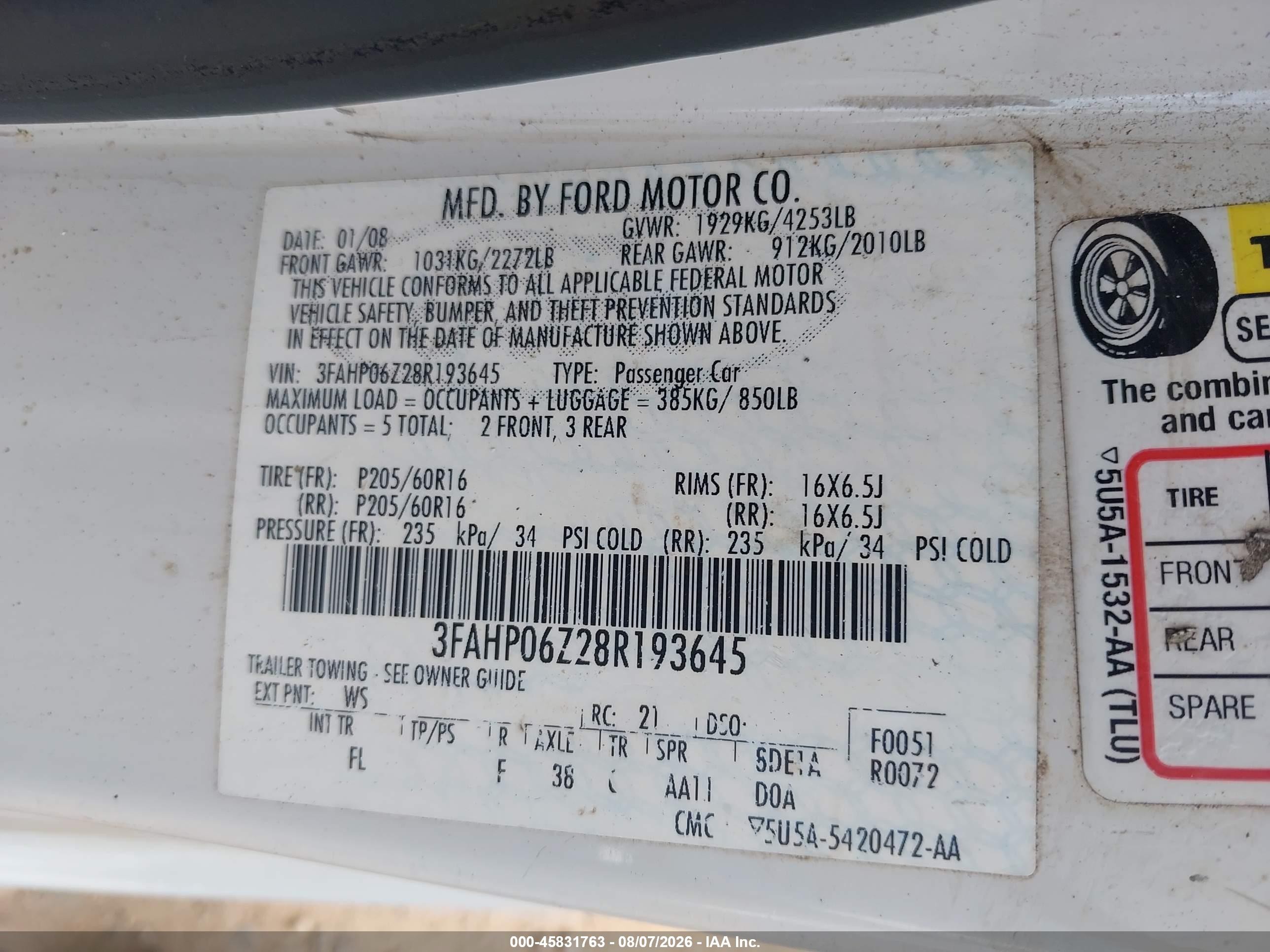 2008 Ford Fusion S White vin: 3FAHP06Z28R193645