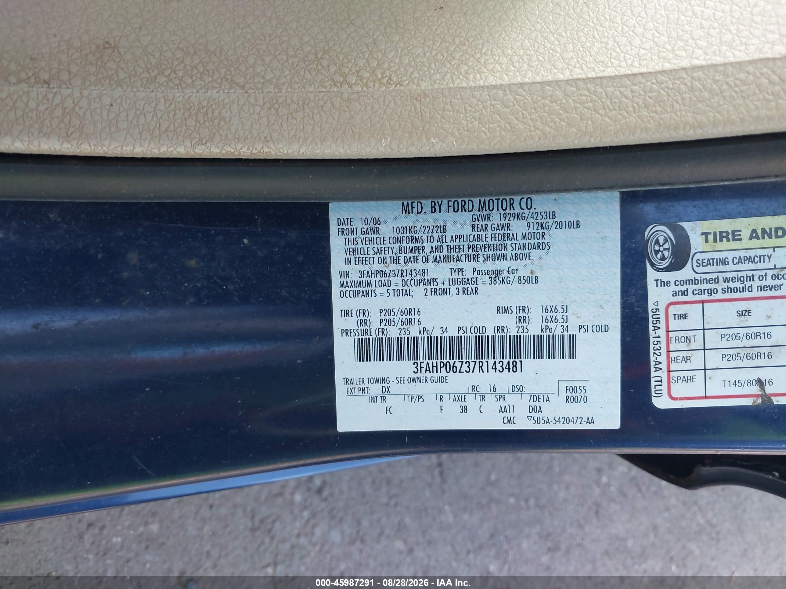 2007 Ford Fusion S Blue vin: 3FAHP06Z37R143481