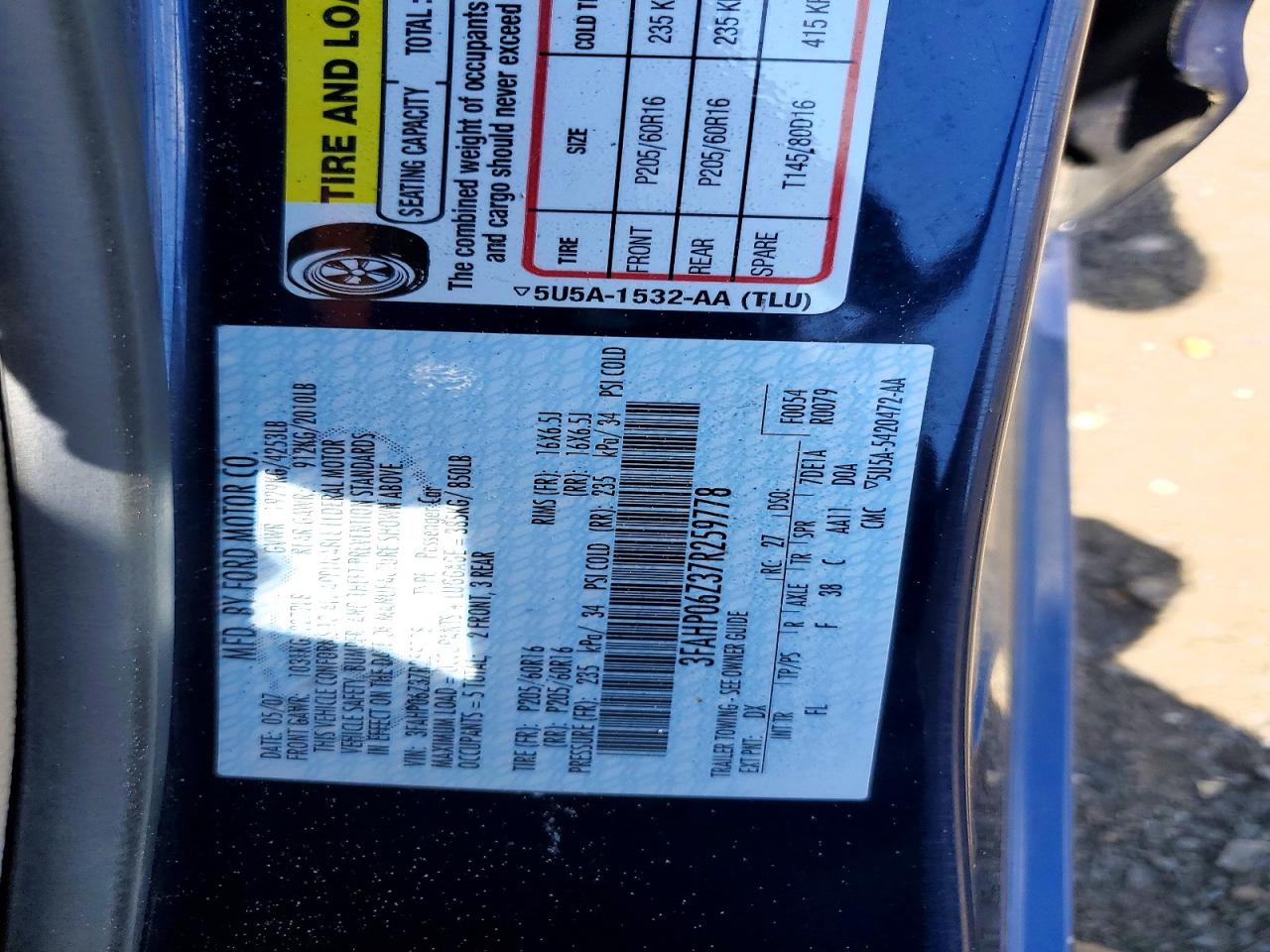 2007 Ford Fusion S Blue vin: 3FAHP06Z37R259778