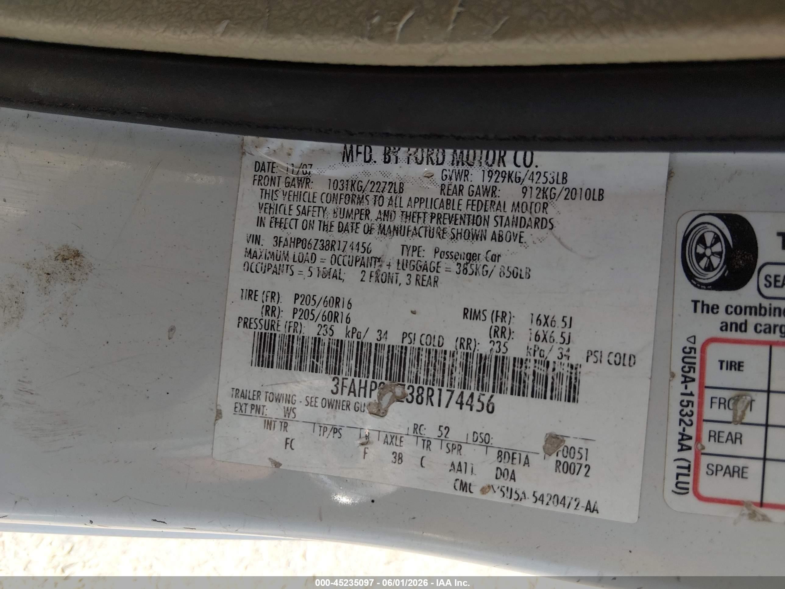 2008 Ford Fusion S White vin: 3FAHP06Z38R174456