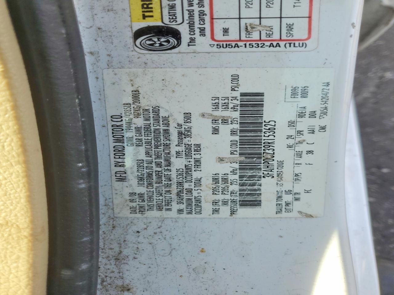 2009 Ford Fusion S White vin: 3FAHP06Z39R153625