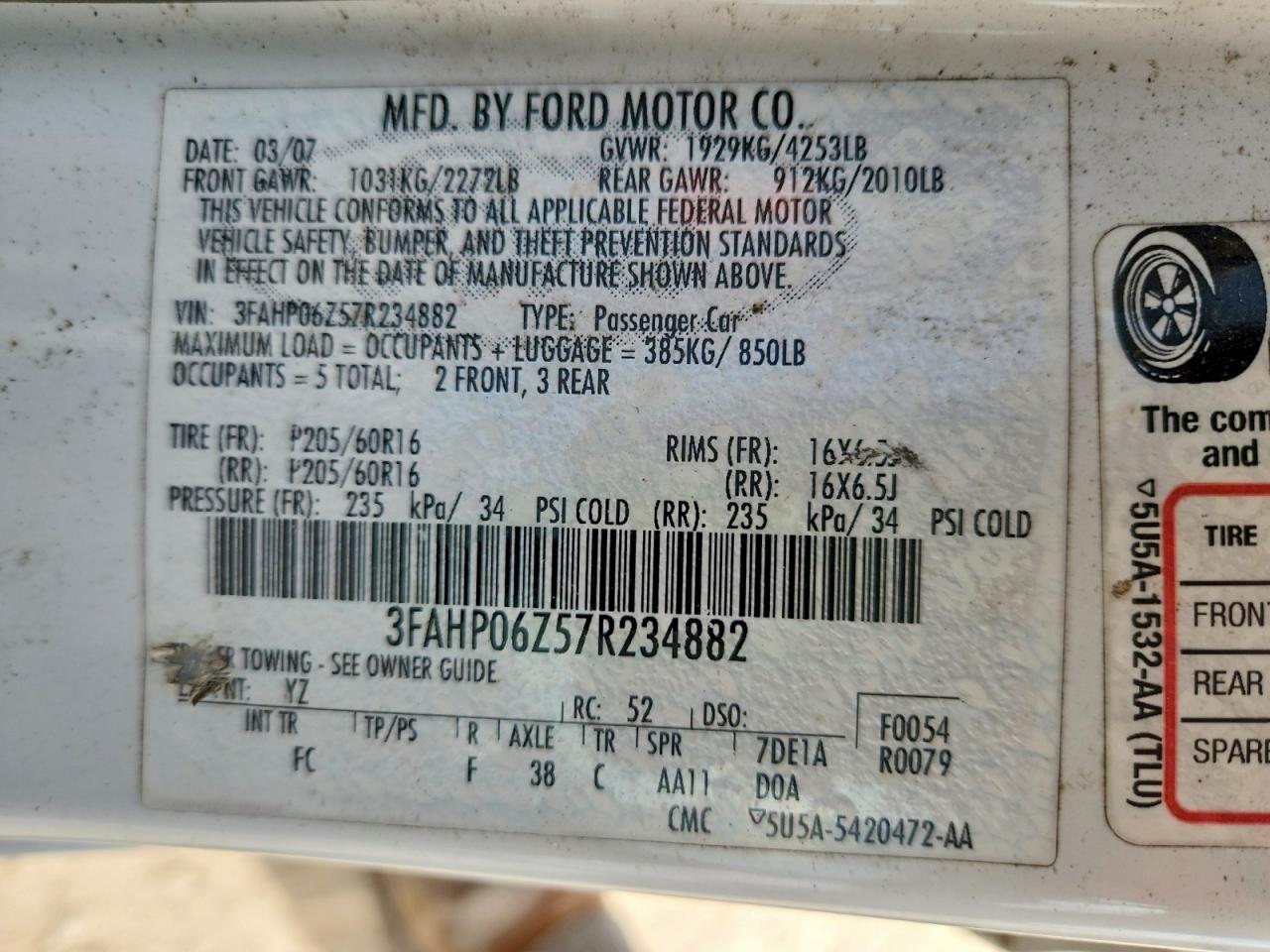 2007 Ford Fusion S White vin: 3FAHP06Z57R234882