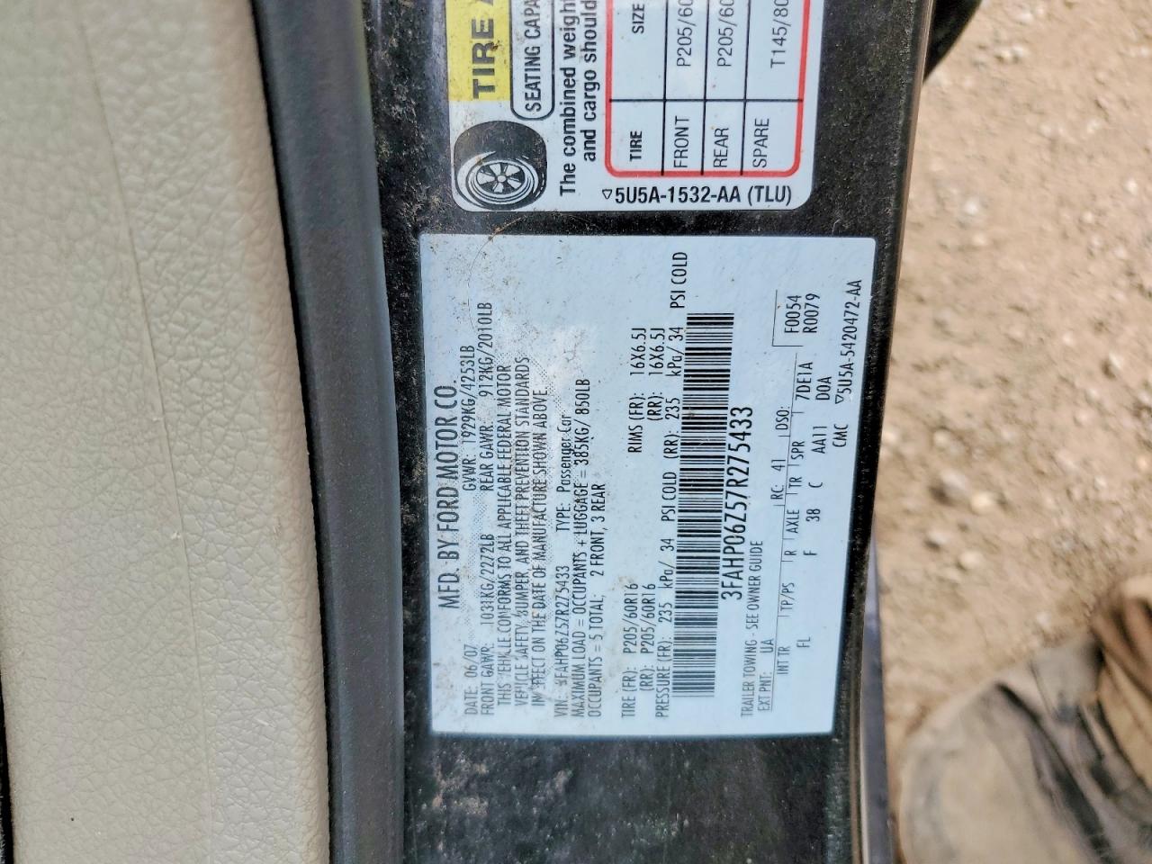 2007 Ford Fusion S Black vin: 3FAHP06Z57R275433