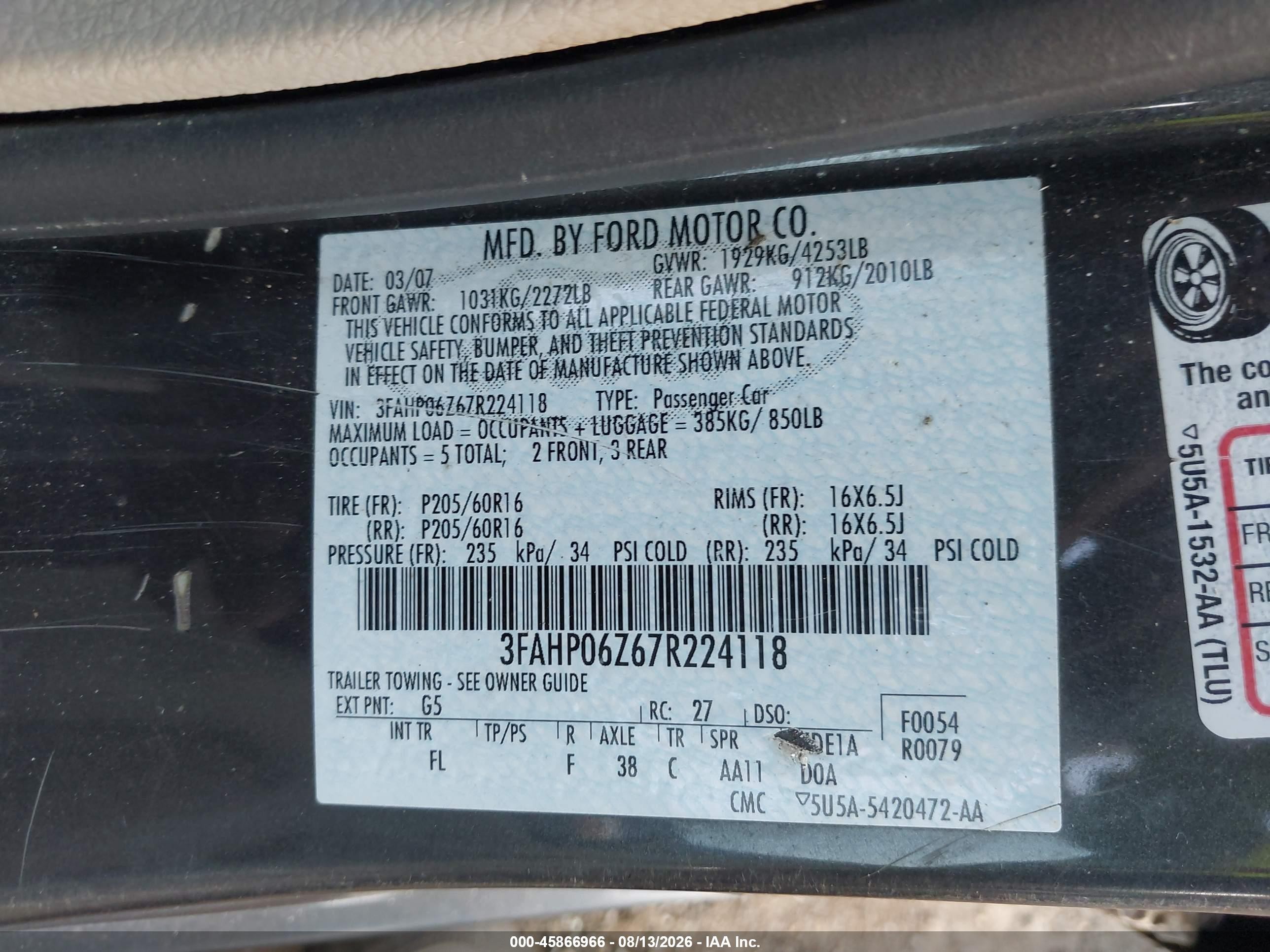 2007 Ford Fusion S Gray vin: 3FAHP06Z67R224118