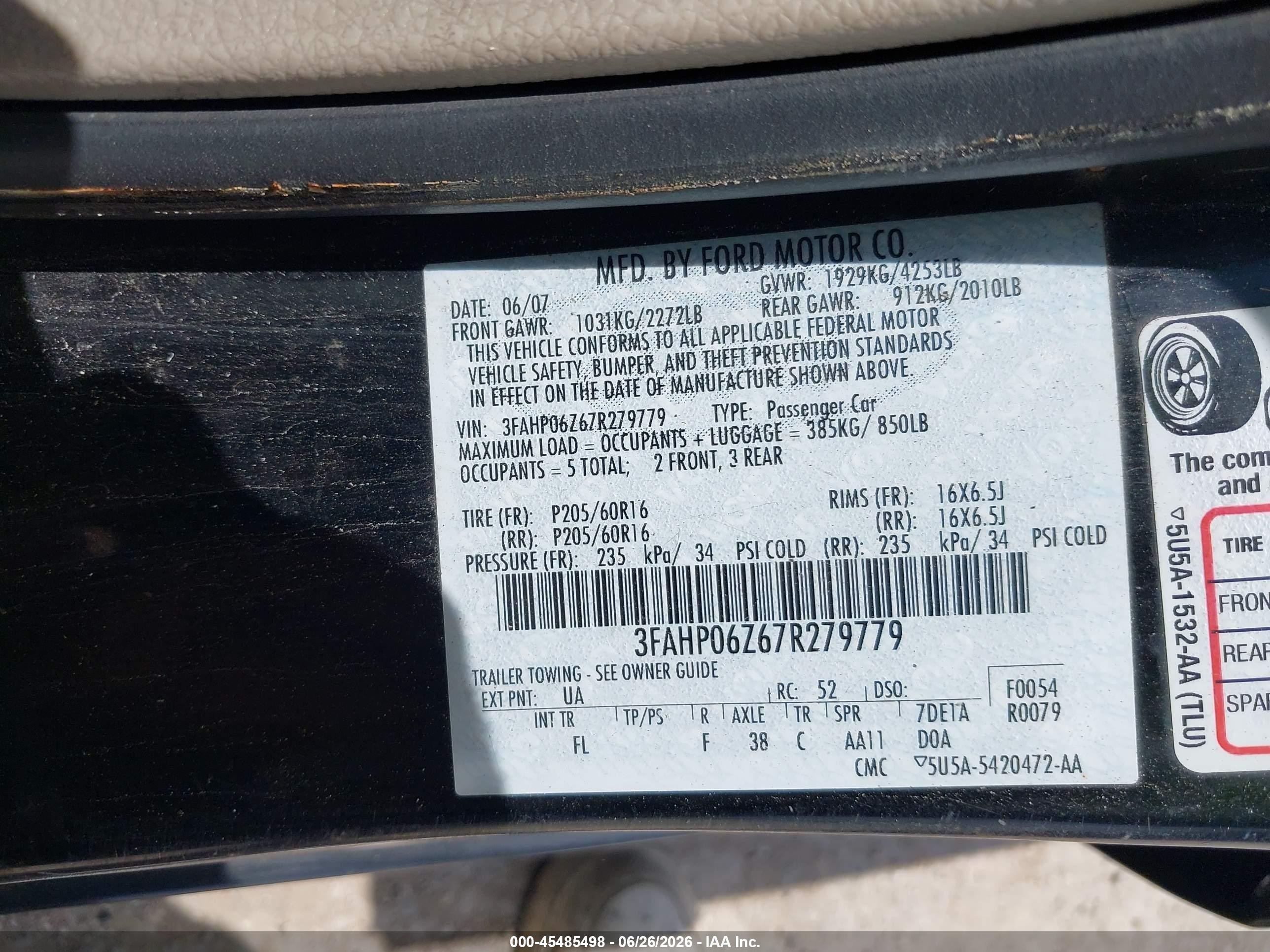 2007 Ford Fusion S Black vin: 3FAHP06Z67R279779