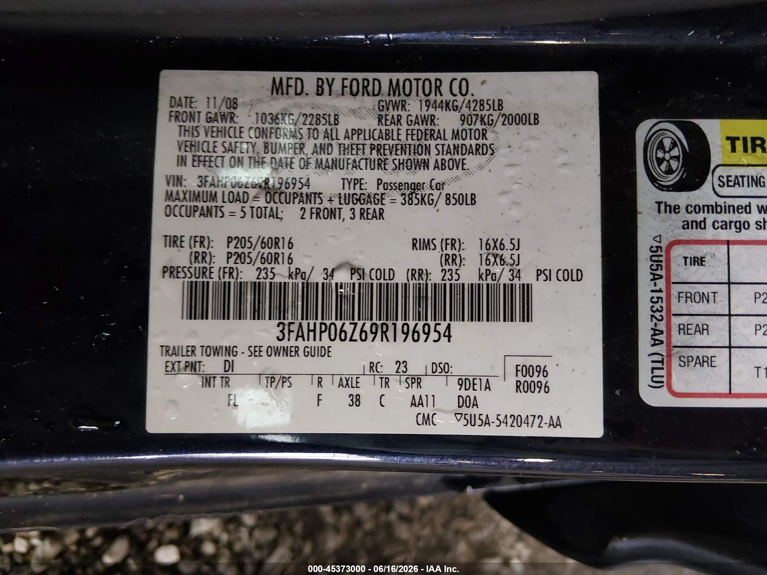 2009 Ford Fusion S Blue vin: 3FAHP06Z69R196954