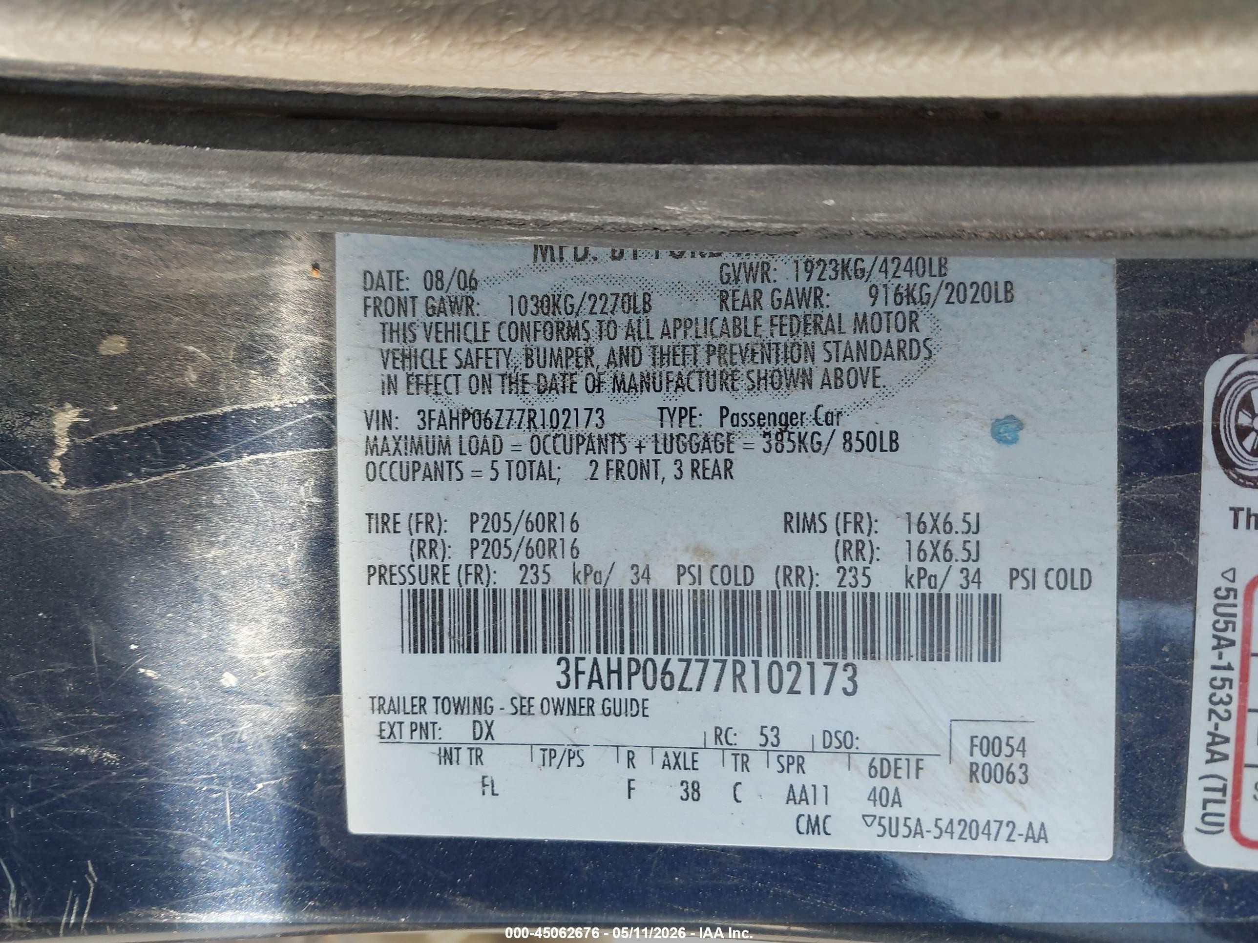 2007 Ford Fusion S Blue vin: 3FAHP06Z77R102173