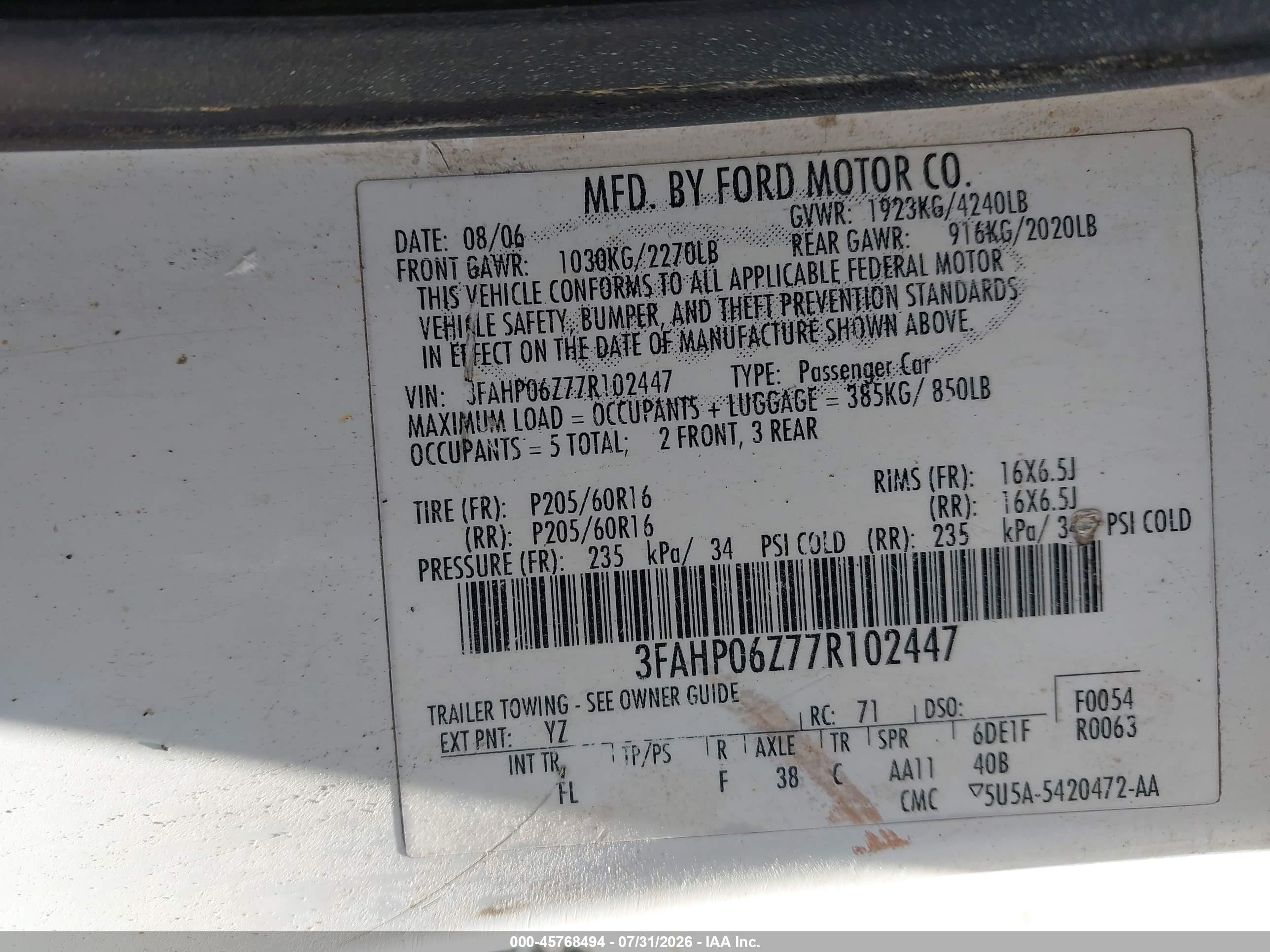 2007 Ford Fusion S White vin: 3FAHP06Z77R102447
