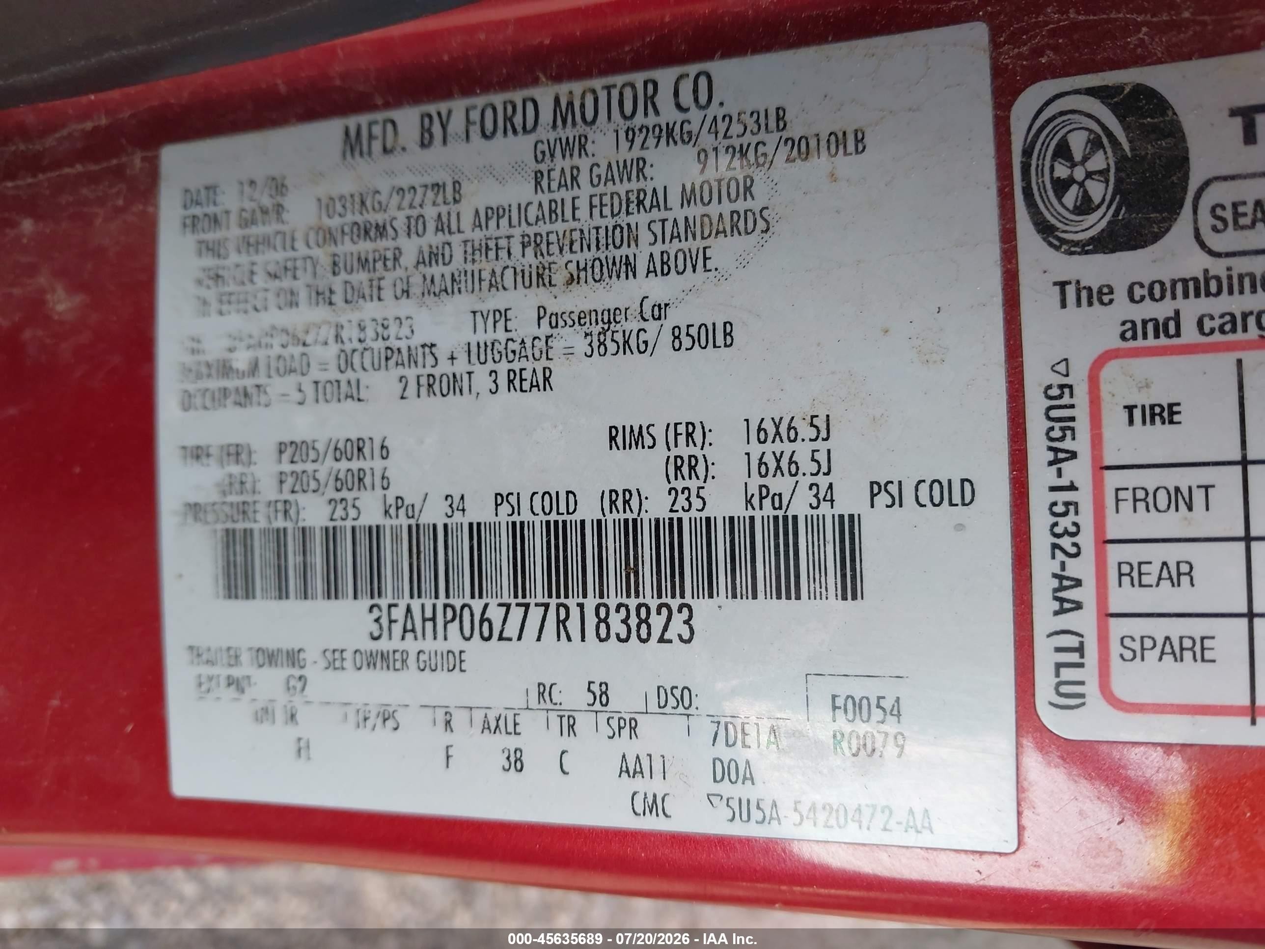 2007 Ford Fusion S Red vin: 3FAHP06Z77R183823
