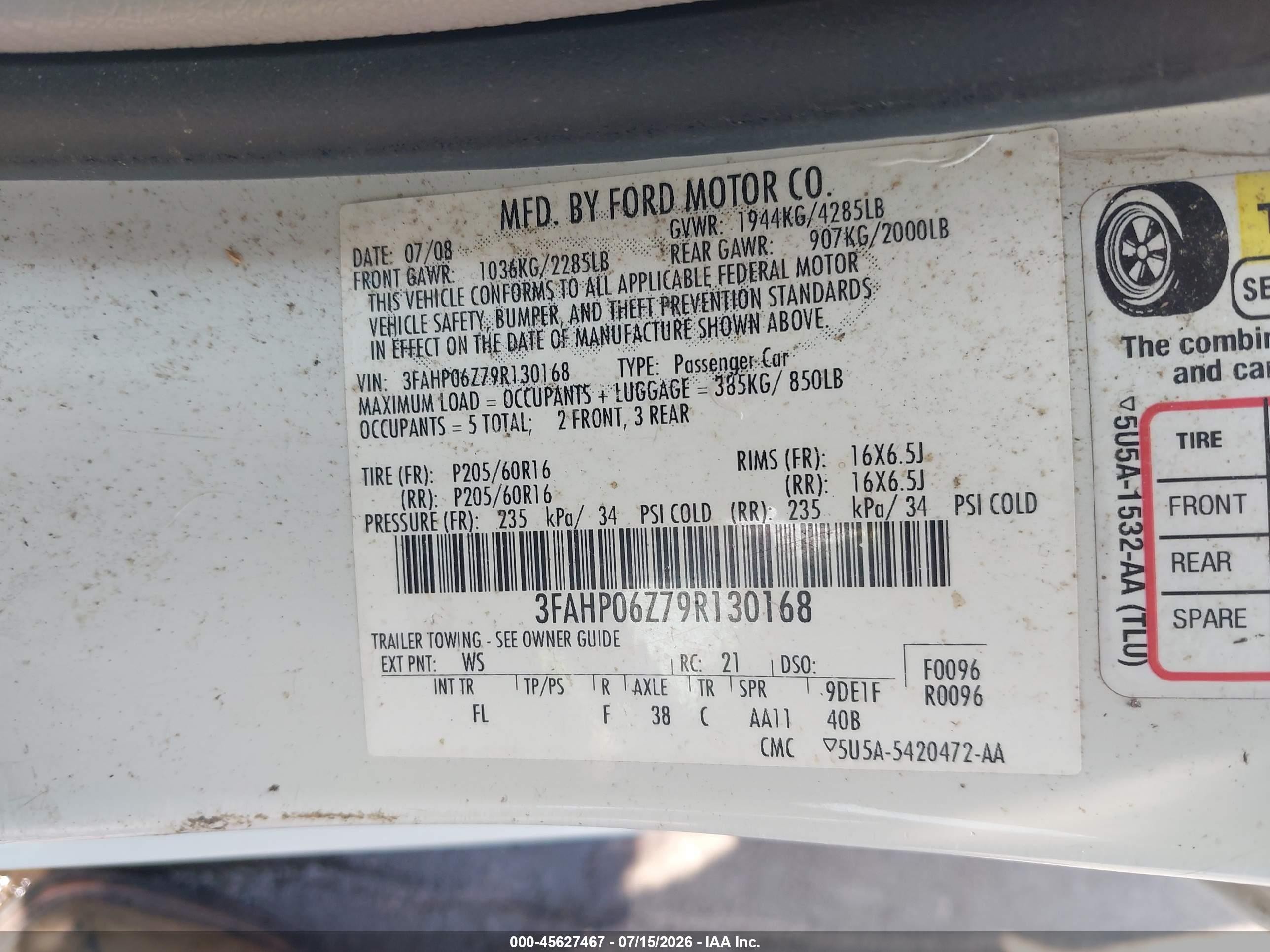2009 Ford Fusion S White vin: 3FAHP06Z79R130168