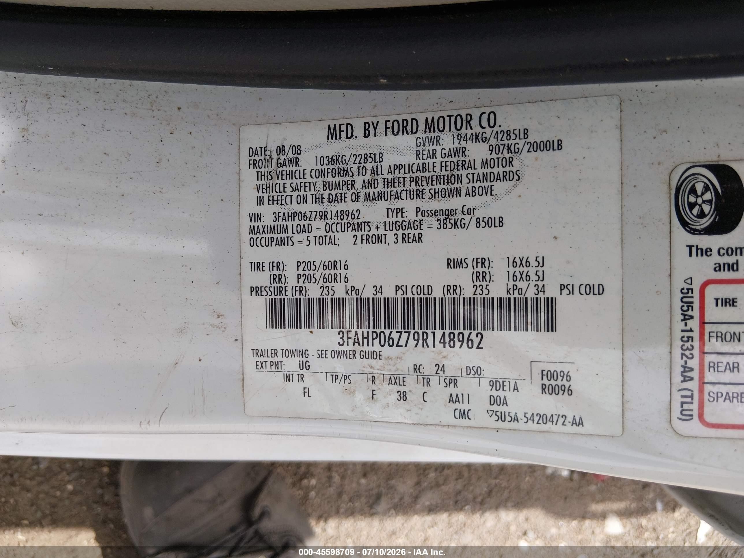 2009 Ford Fusion S White vin: 3FAHP06Z79R148962