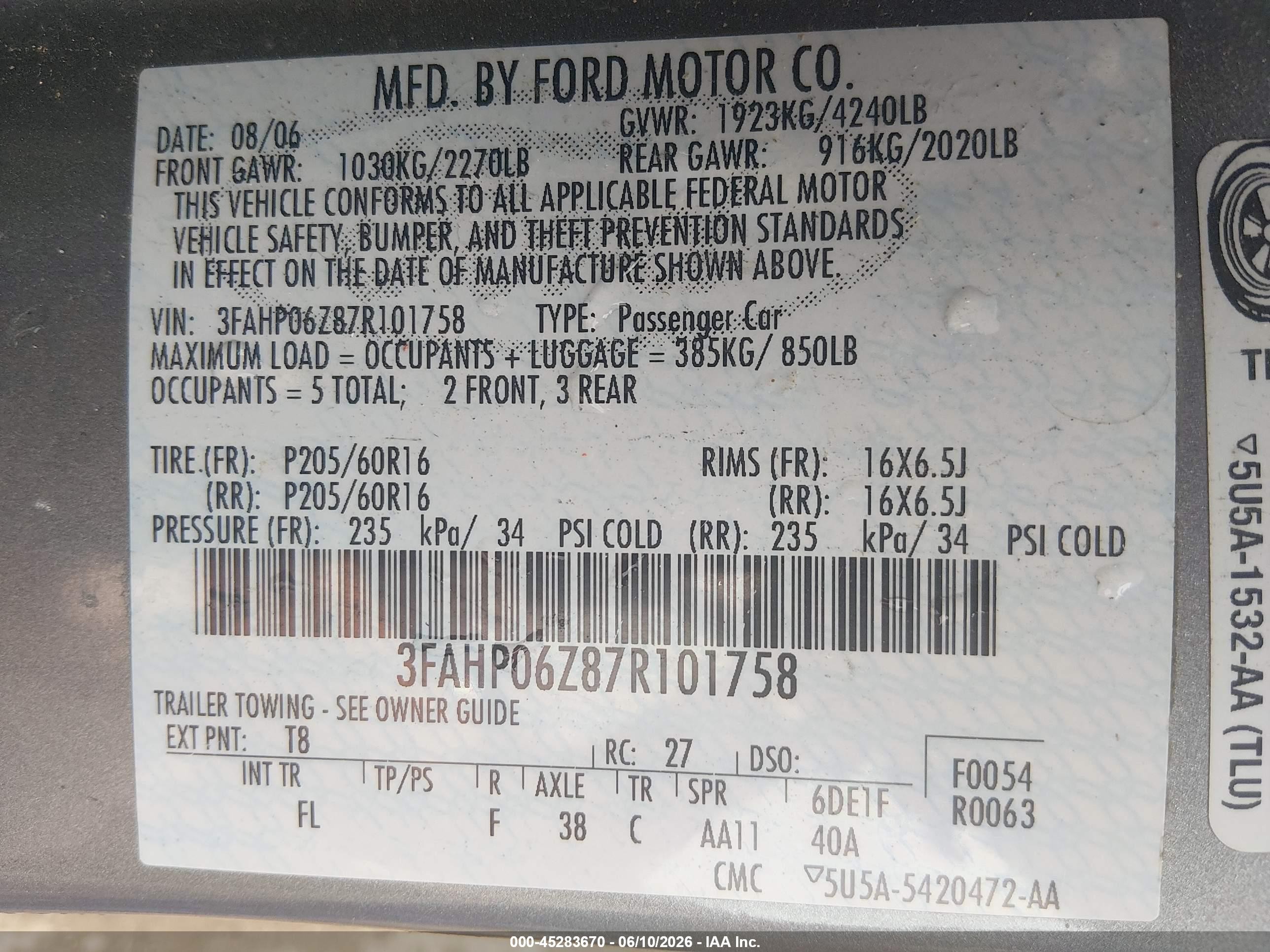 2007 Ford Fusion S Light Blue vin: 3FAHP06Z87R101758