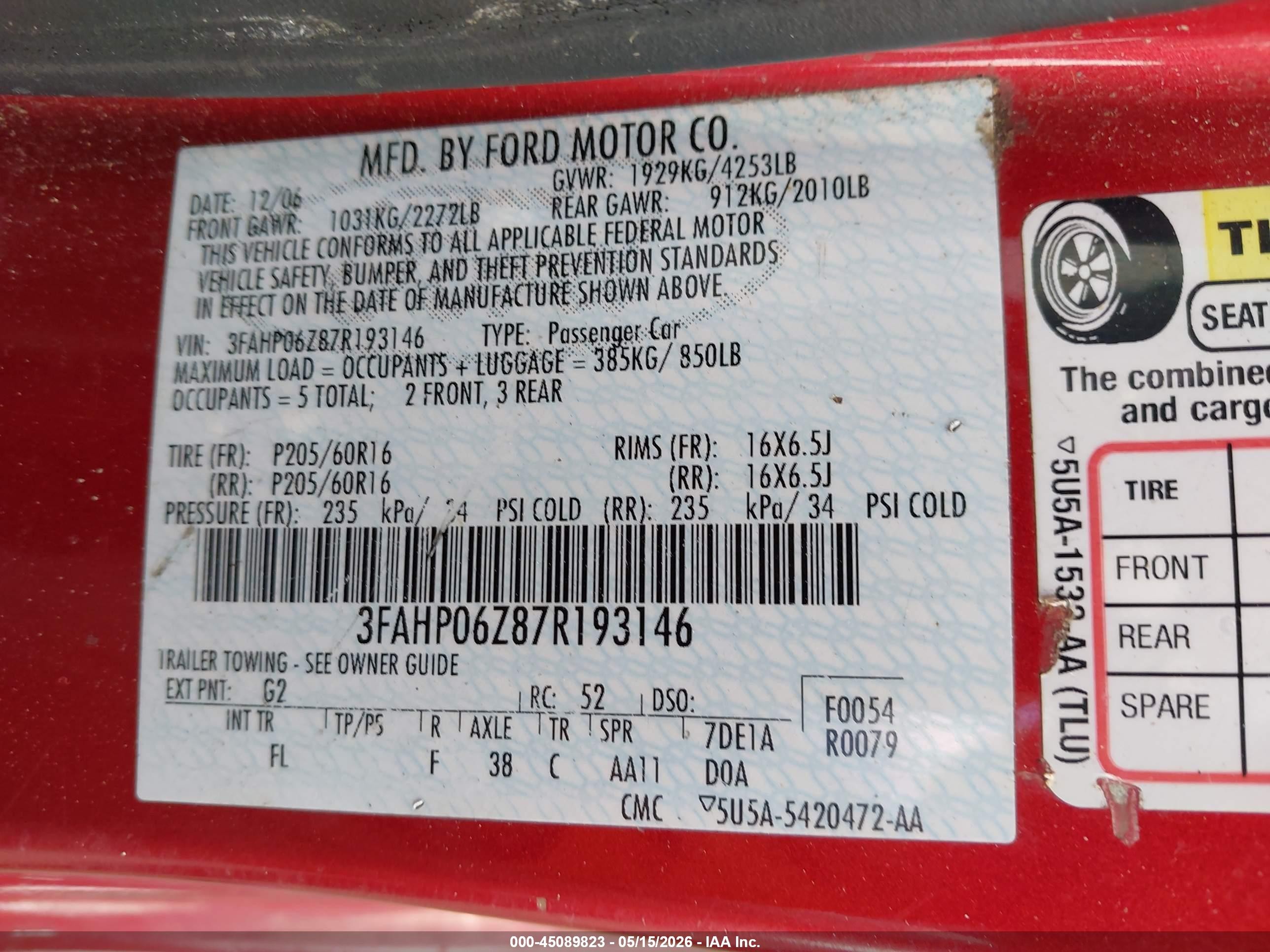 2007 Ford Fusion S Red vin: 3FAHP06Z87R193146