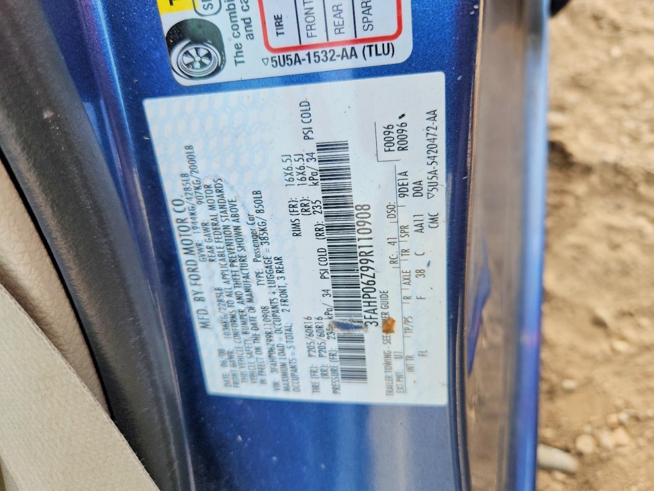 2009 Ford Fusion S Blue vin: 3FAHP06Z99R110908