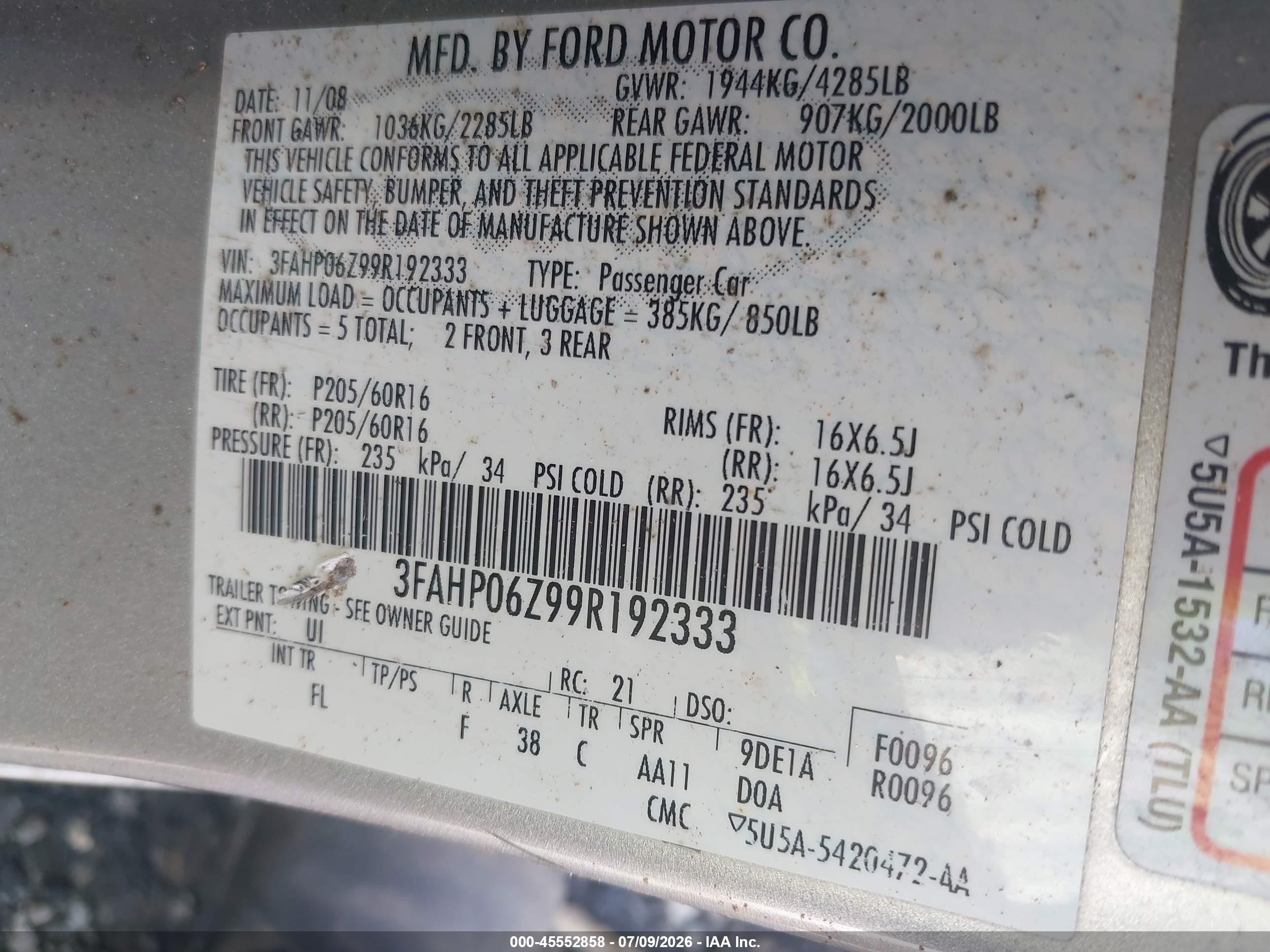 2009 Ford Fusion S Silver vin: 3FAHP06Z99R192333