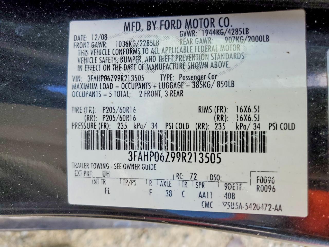 2009 Ford Fusion S Black vin: 3FAHP06Z99R213505