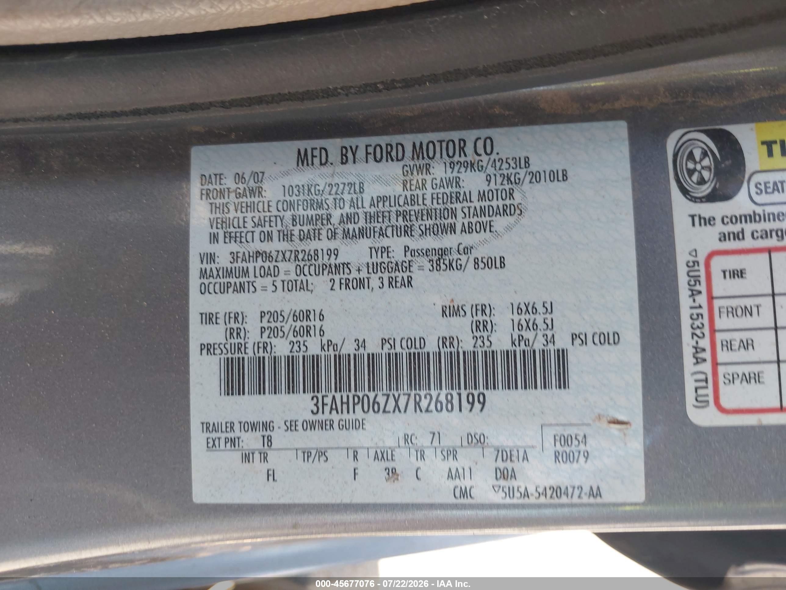 2007 Ford Fusion S Gray vin: 3FAHP06ZX7R268199