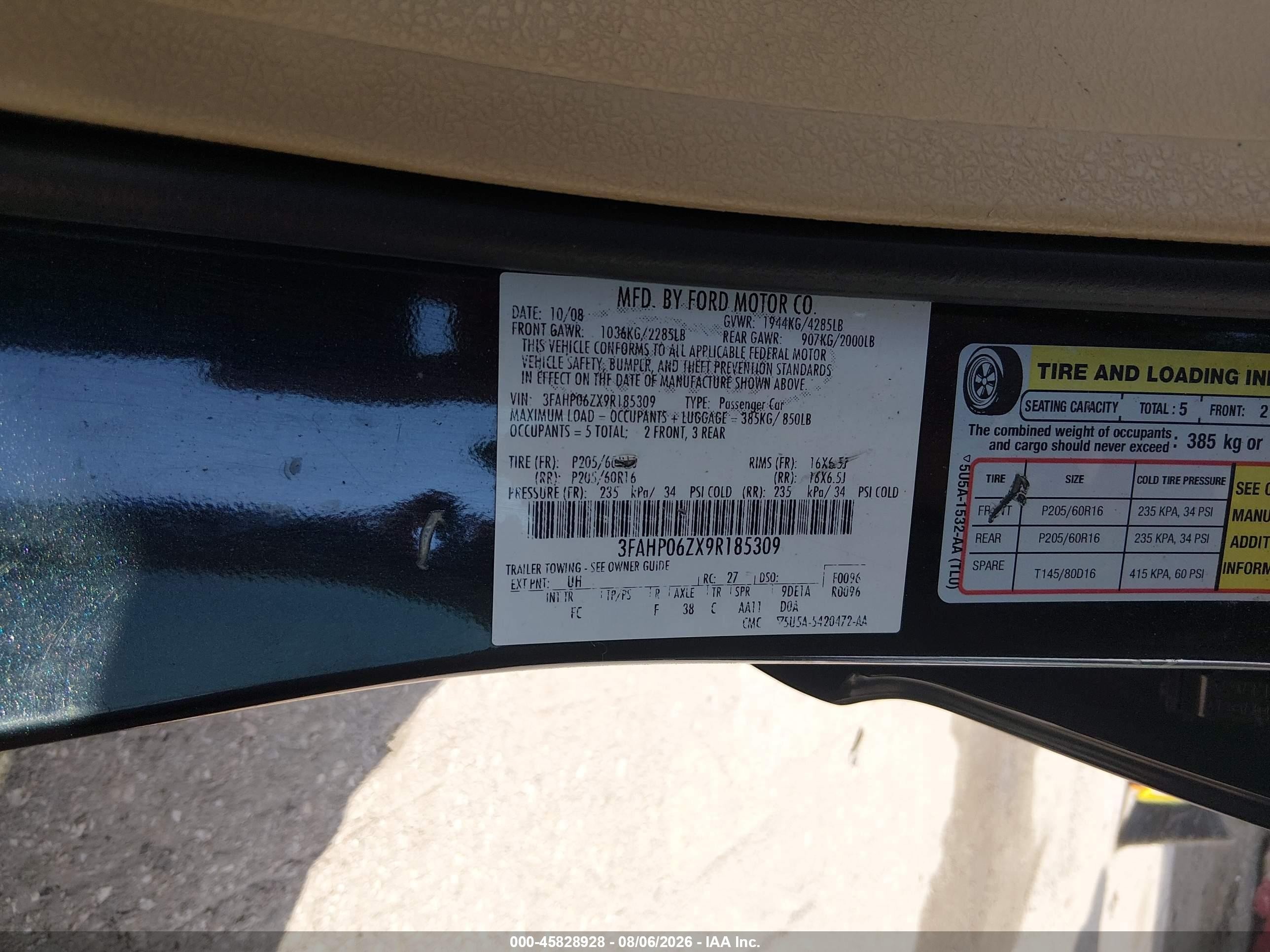 2009 Ford Fusion S Black vin: 3FAHP06ZX9R185309