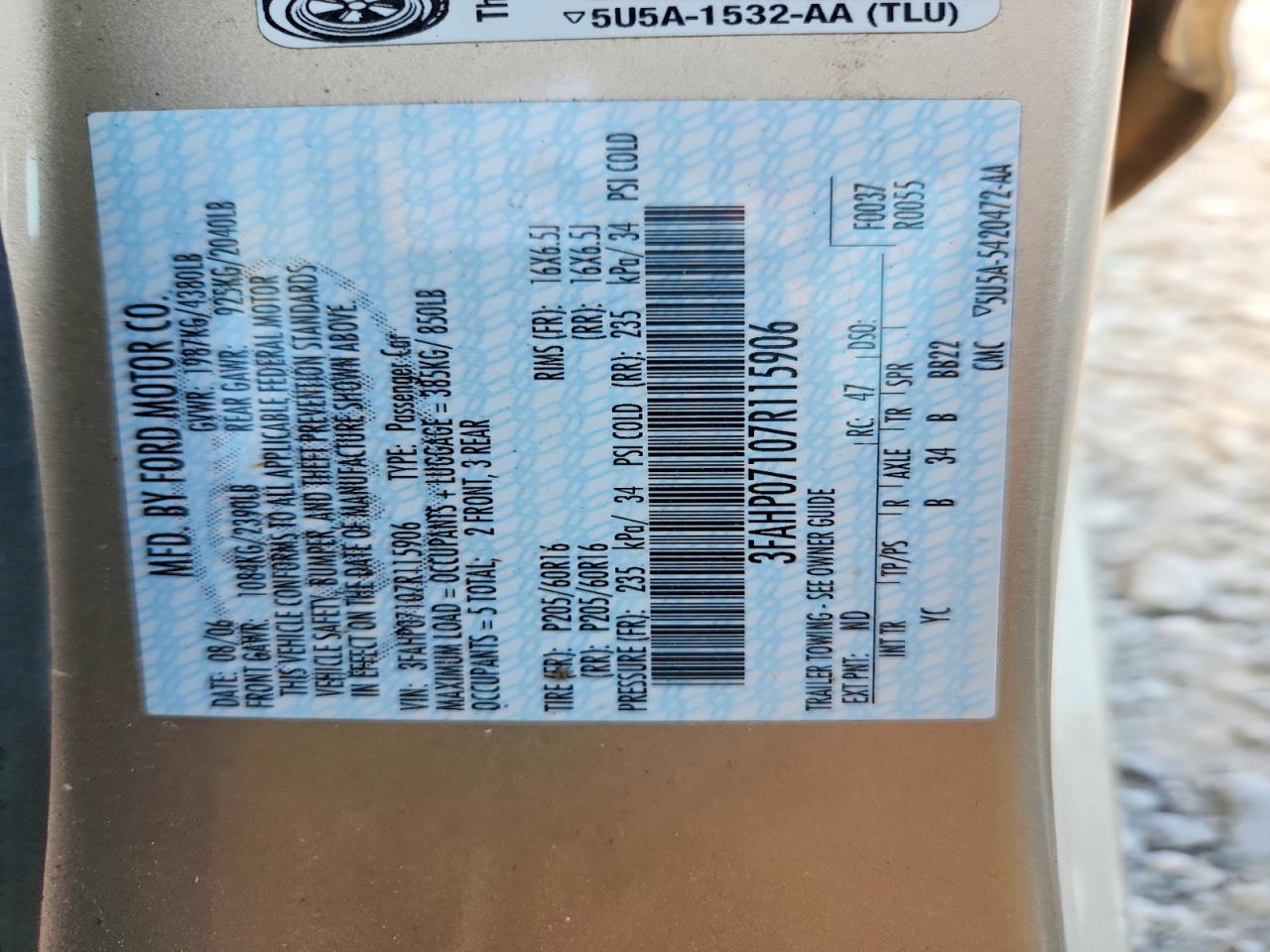 2007 Ford Fusion Se Gold vin: 3FAHP07107R115906