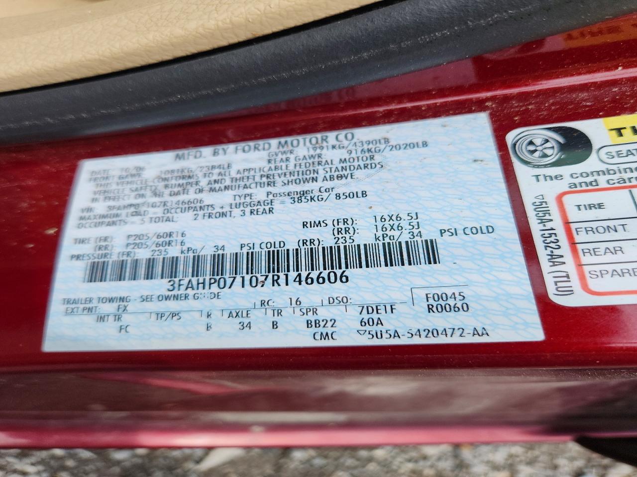 2007 Ford Fusion Se Red vin: 3FAHP07107R146606