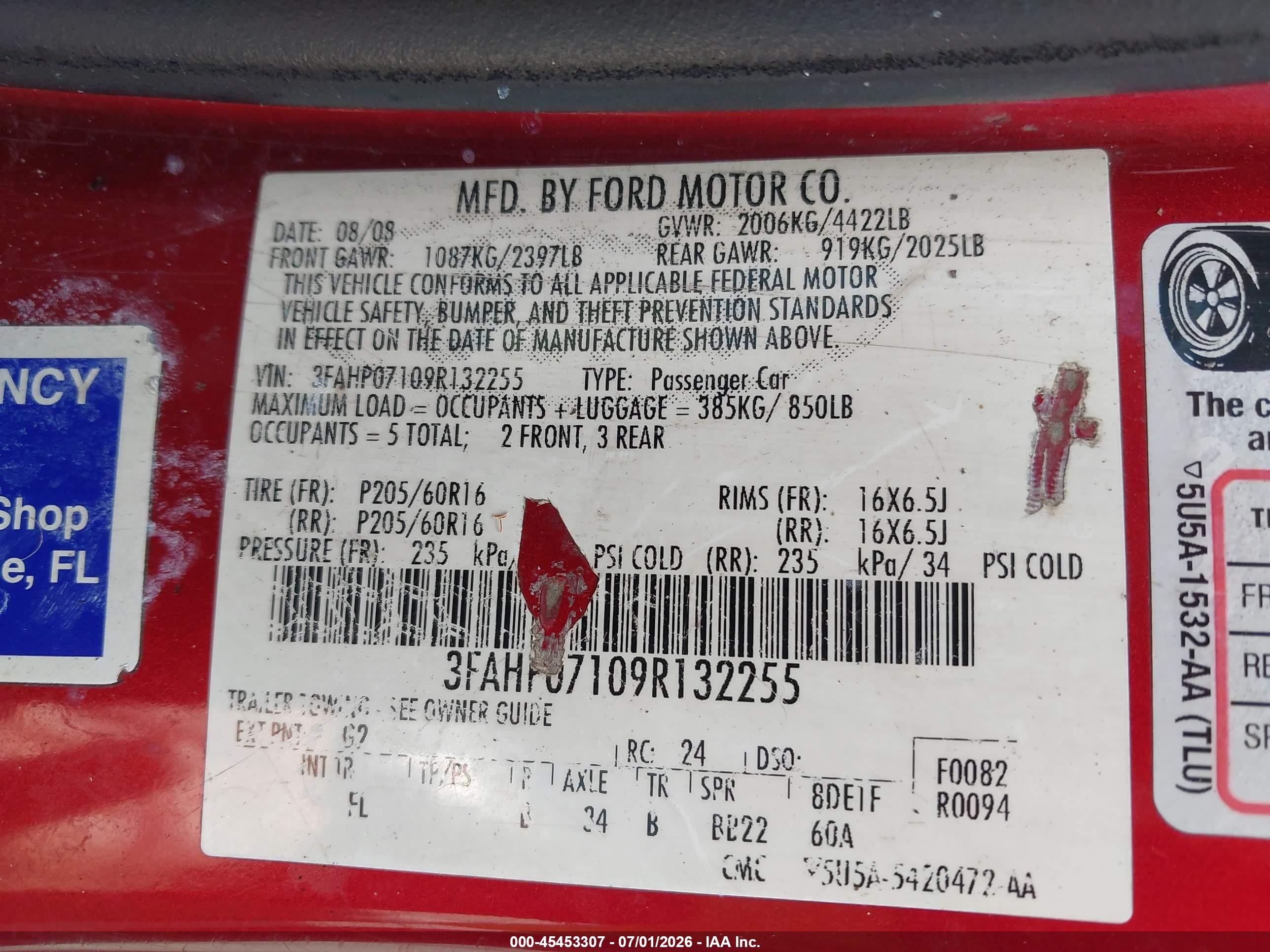 2009 Ford Fusion Se Red vin: 3FAHP07109R132255