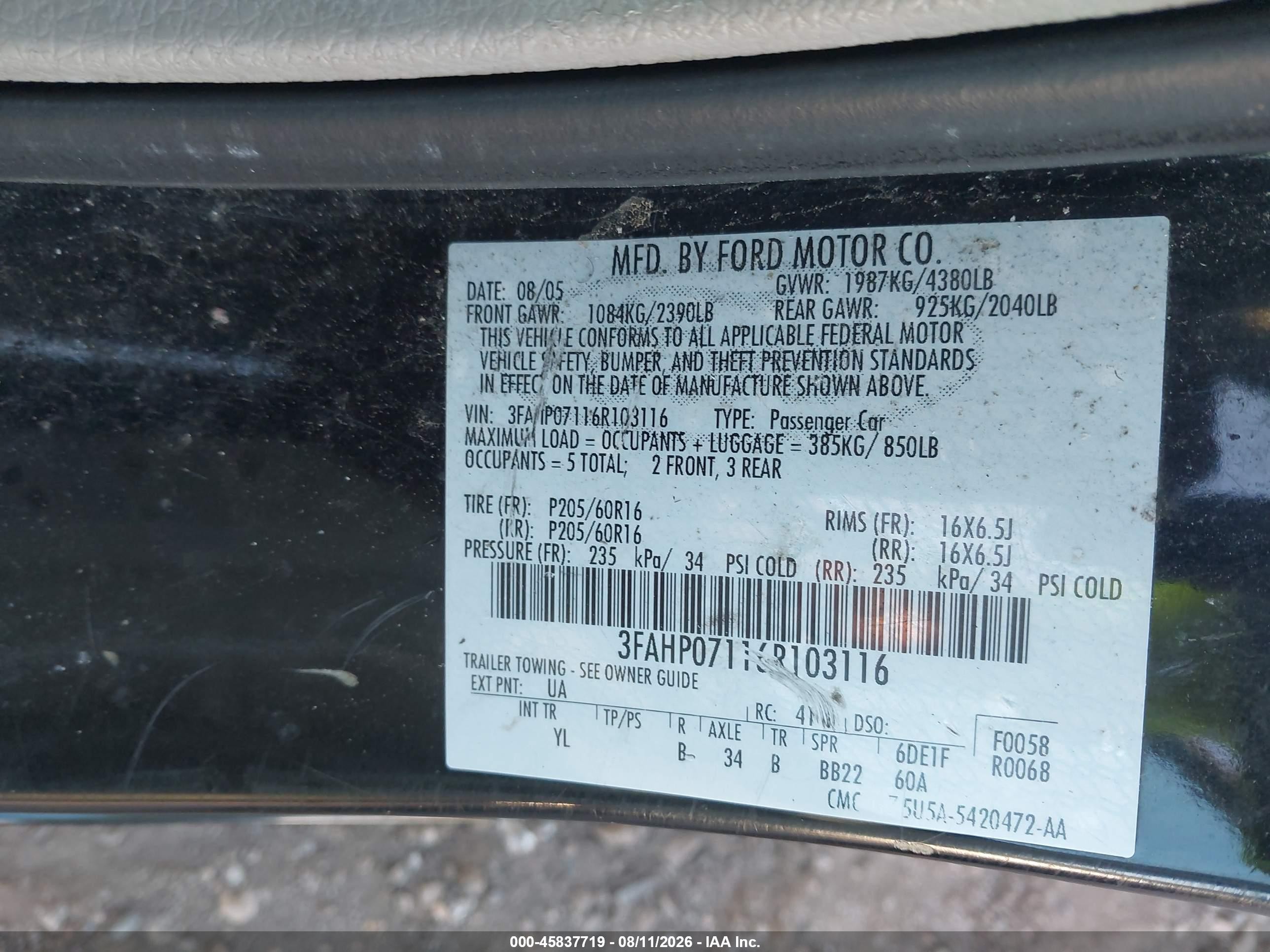 2006 Ford Fusion Se Black vin: 3FAHP07116R103116