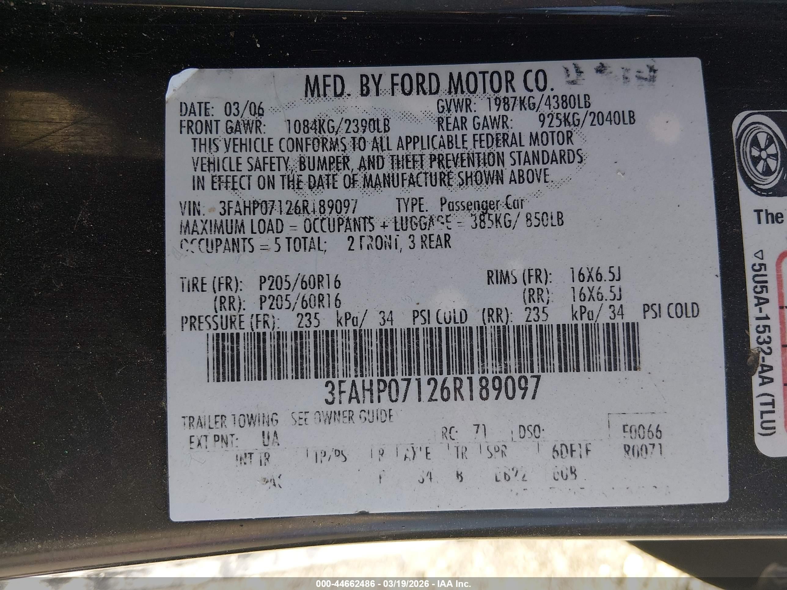2006 Ford Fusion Se Black vin: 3FAHP07126R189097