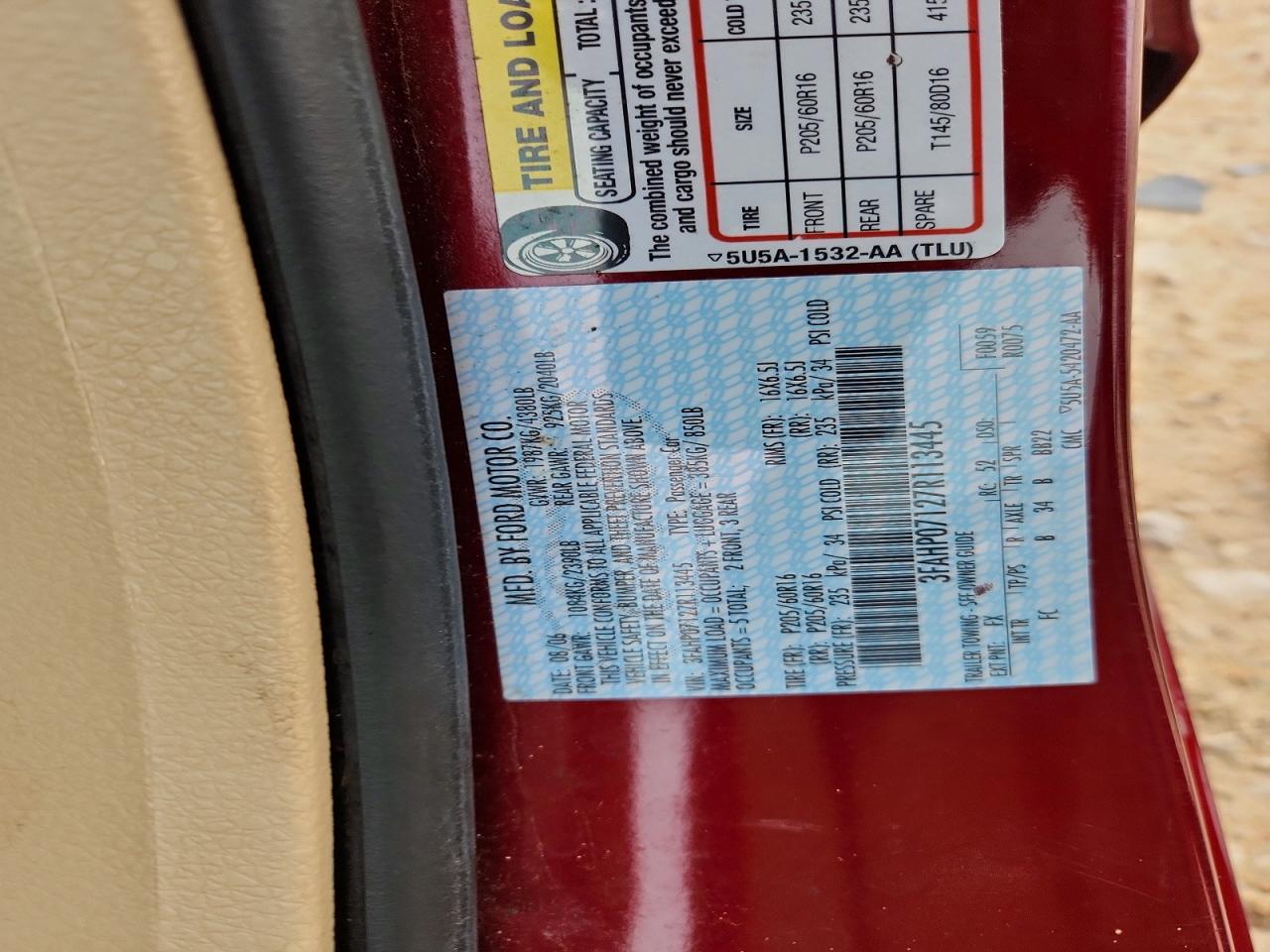 2007 Ford Fusion Se Burgundy vin: 3FAHP07127R113445