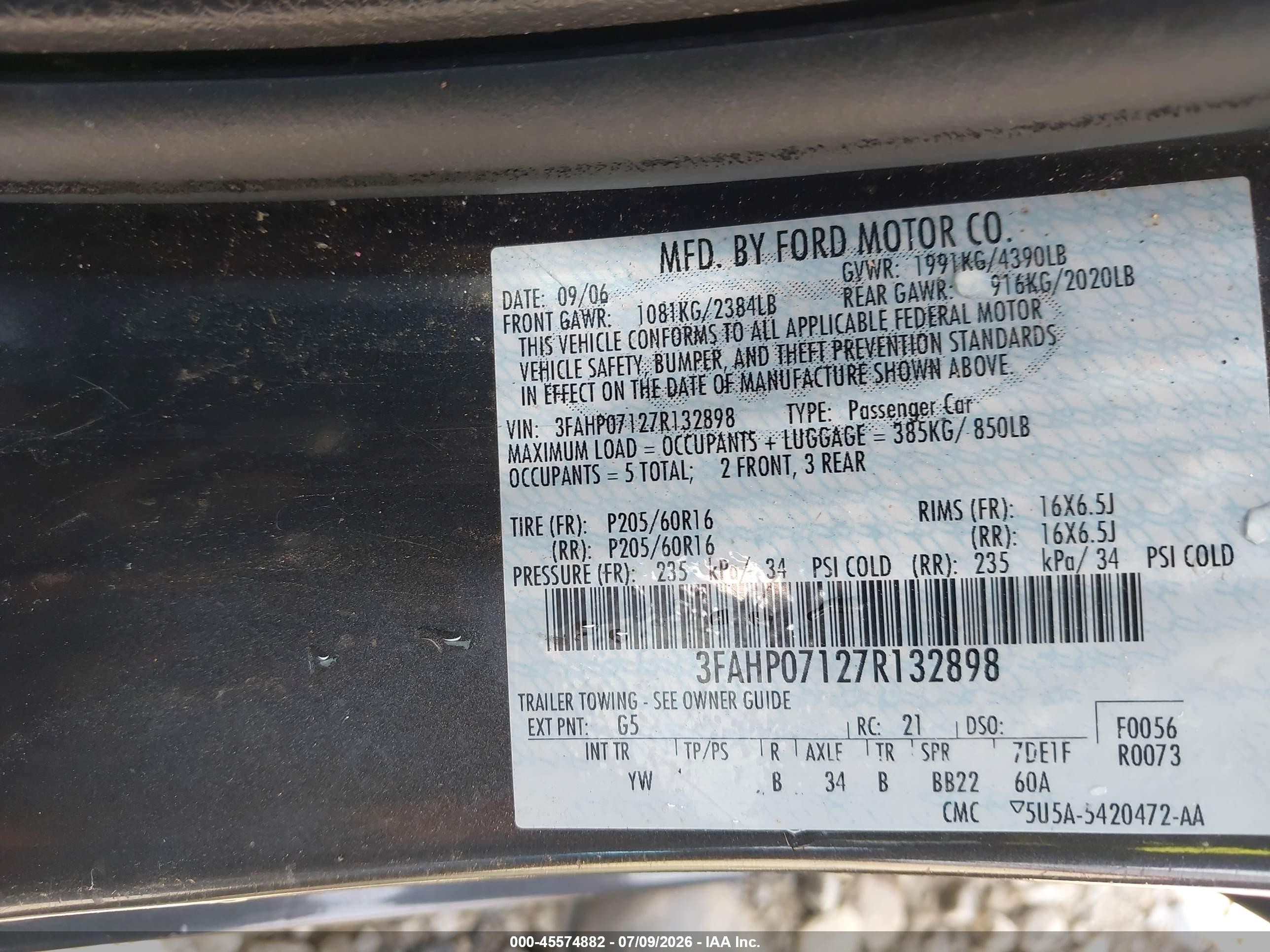 2007 Ford Fusion Se Black vin: 3FAHP07127R132898