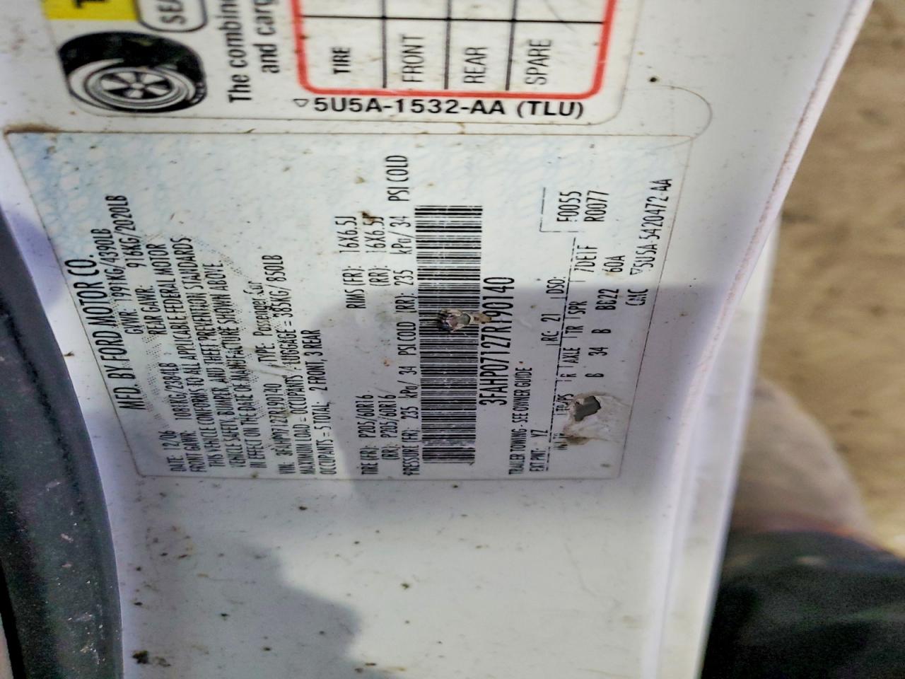 2007 Ford Fusion Se White vin: 3FAHP07127R190140