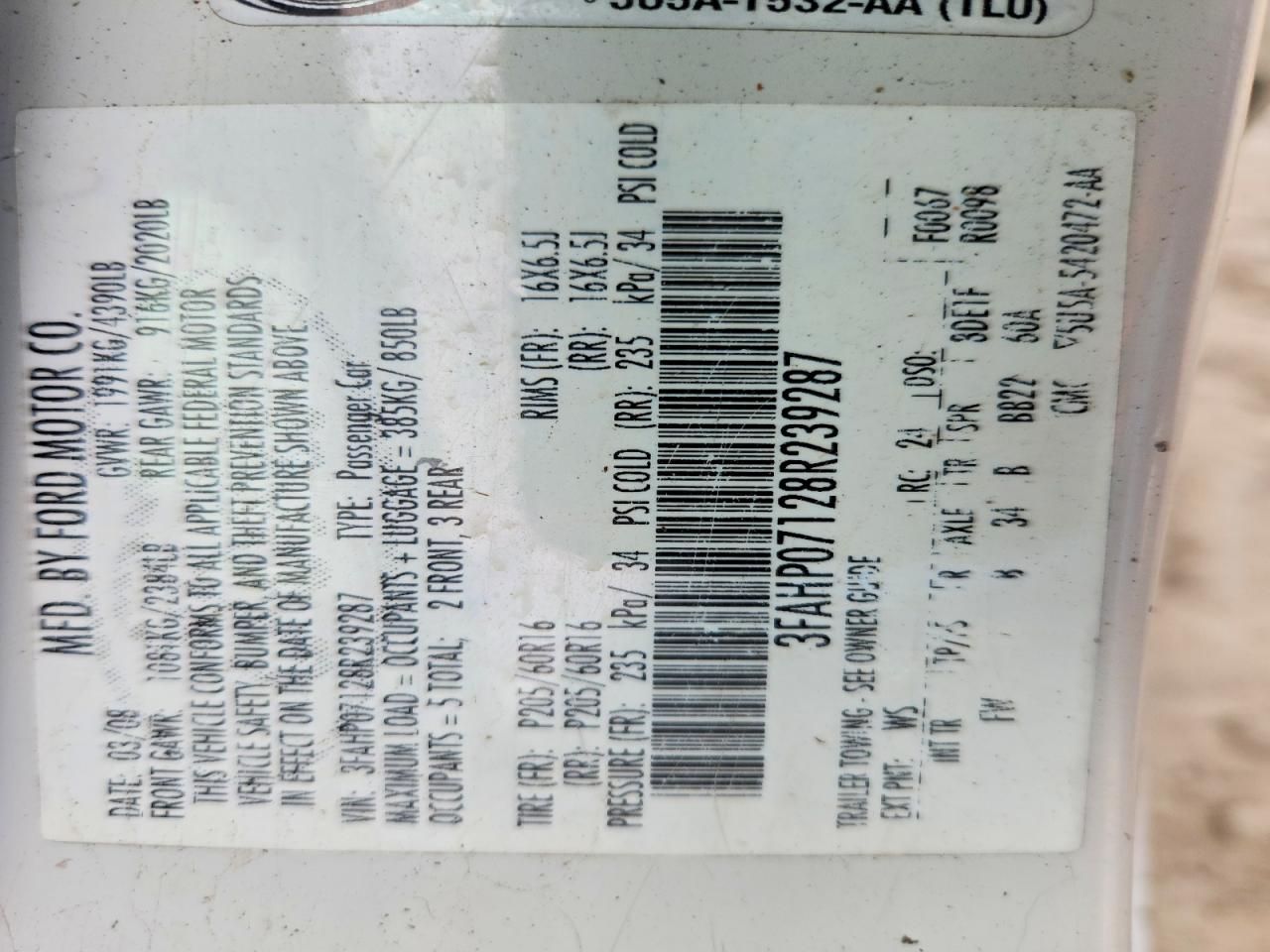 2008 Ford Fusion Se White vin: 3FAHP07128R239287