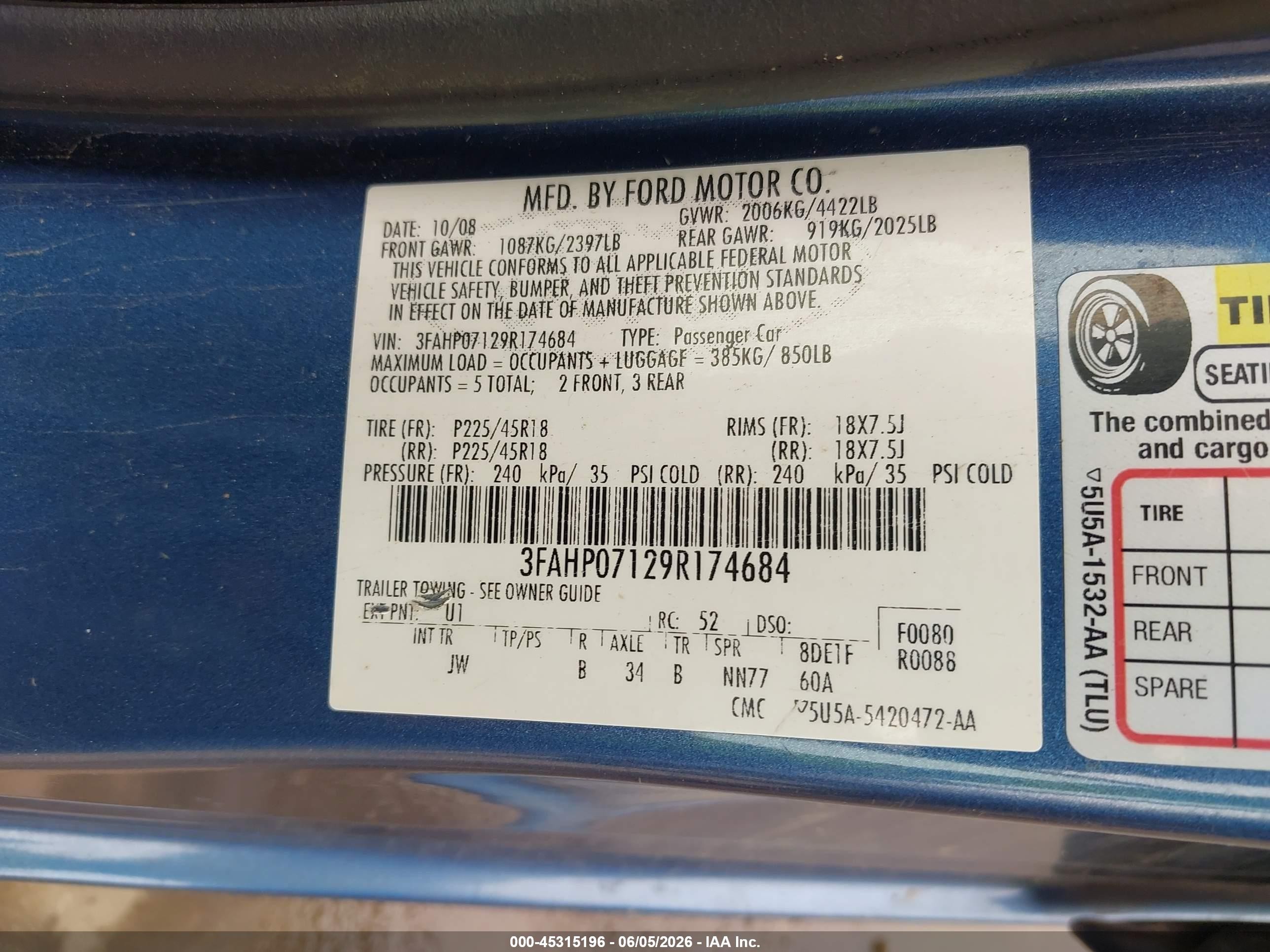 2009 Ford Fusion Se Синий vin: 3FAHP07129R174684