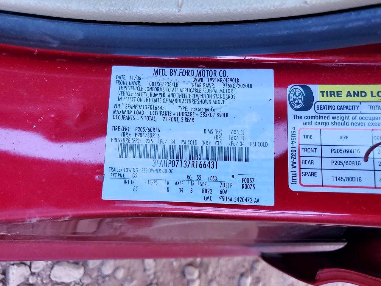 2007 Ford Fusion Se Red vin: 3FAHP07137R166431