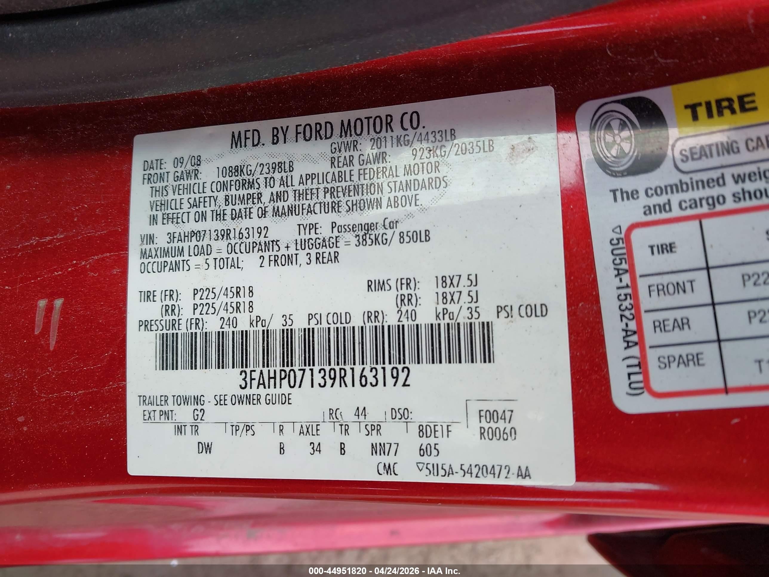 2009 Ford Fusion Se Red vin: 3FAHP07139R163192