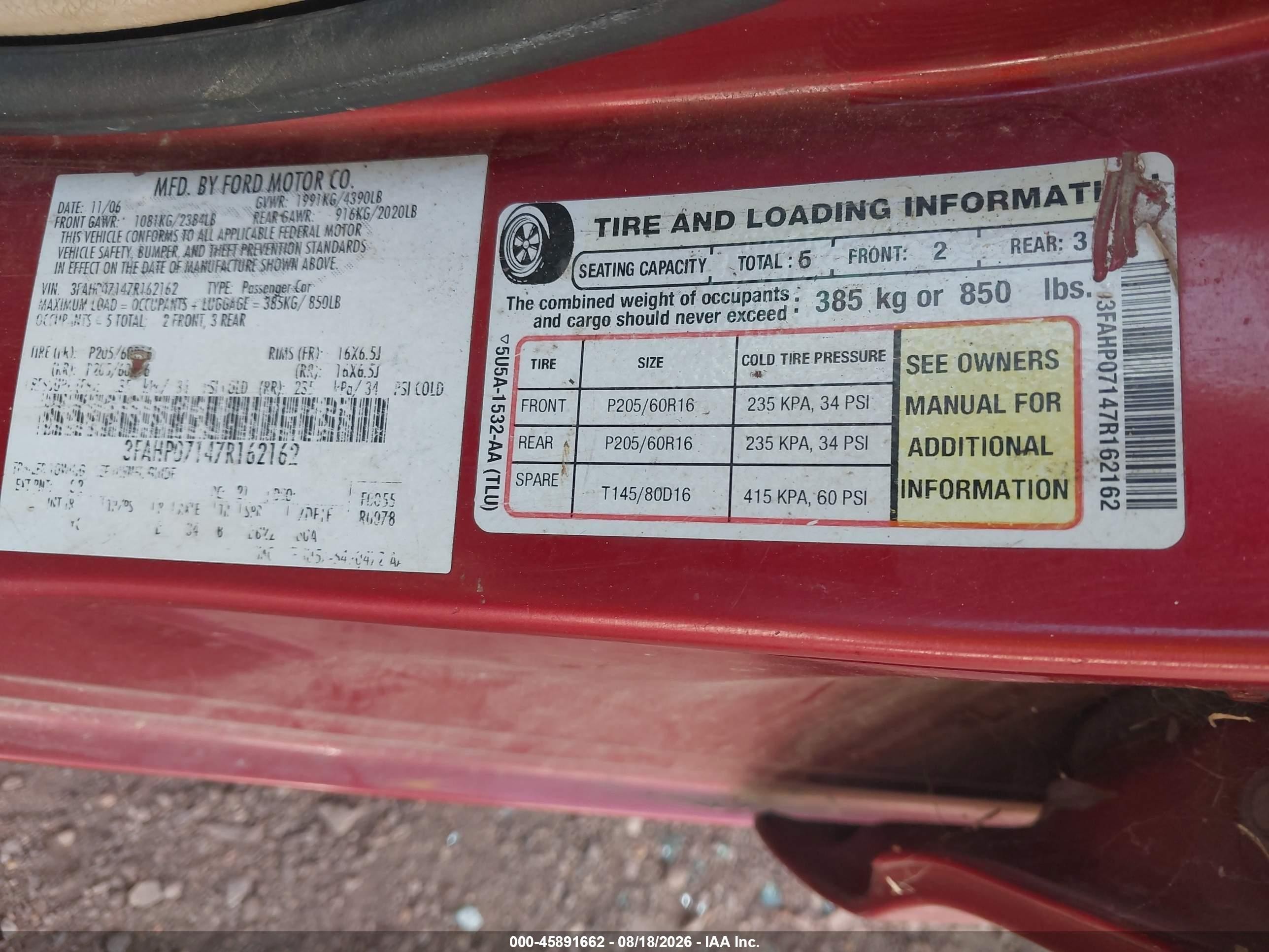 2007 Ford Fusion Se Burgundy vin: 3FAHP07147R162162