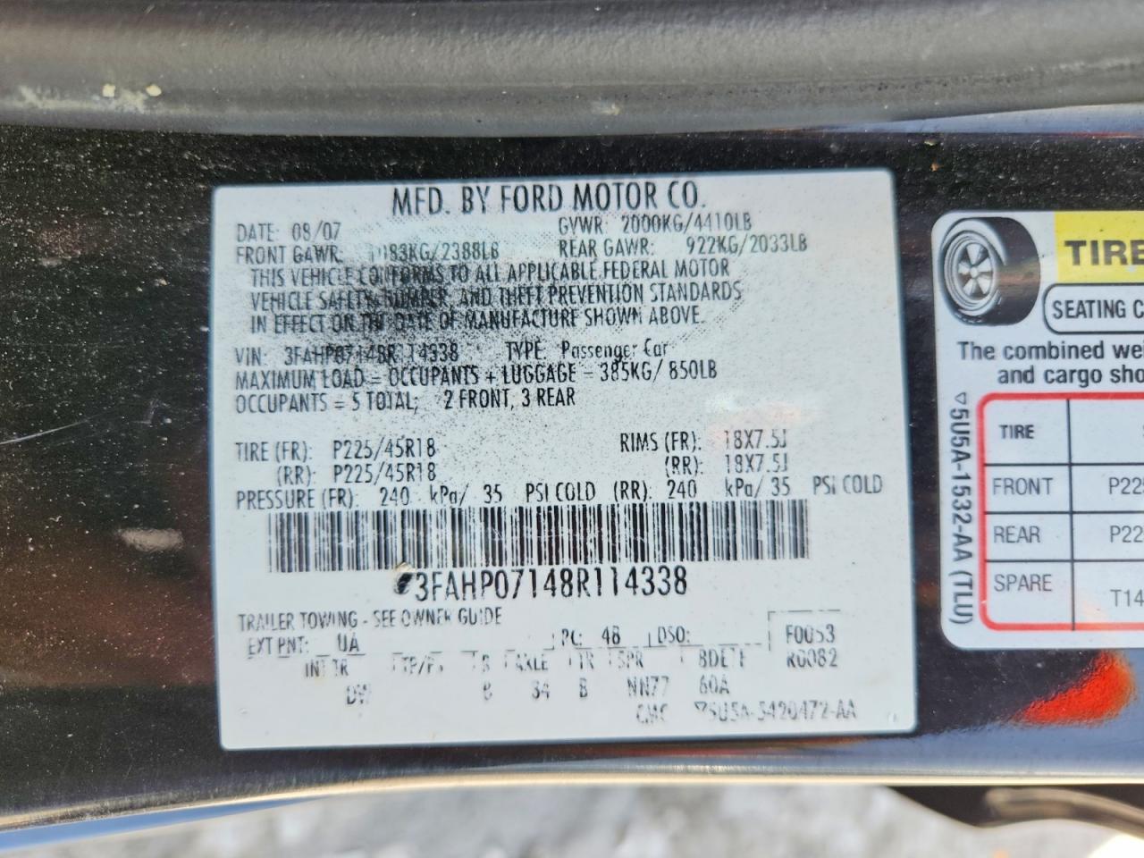 2008 Ford Fusion Se Black vin: 3FAHP07148R114338