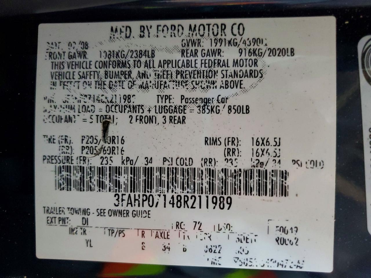 2008 Ford Fusion Se Blue vin: 3FAHP07148R211989
