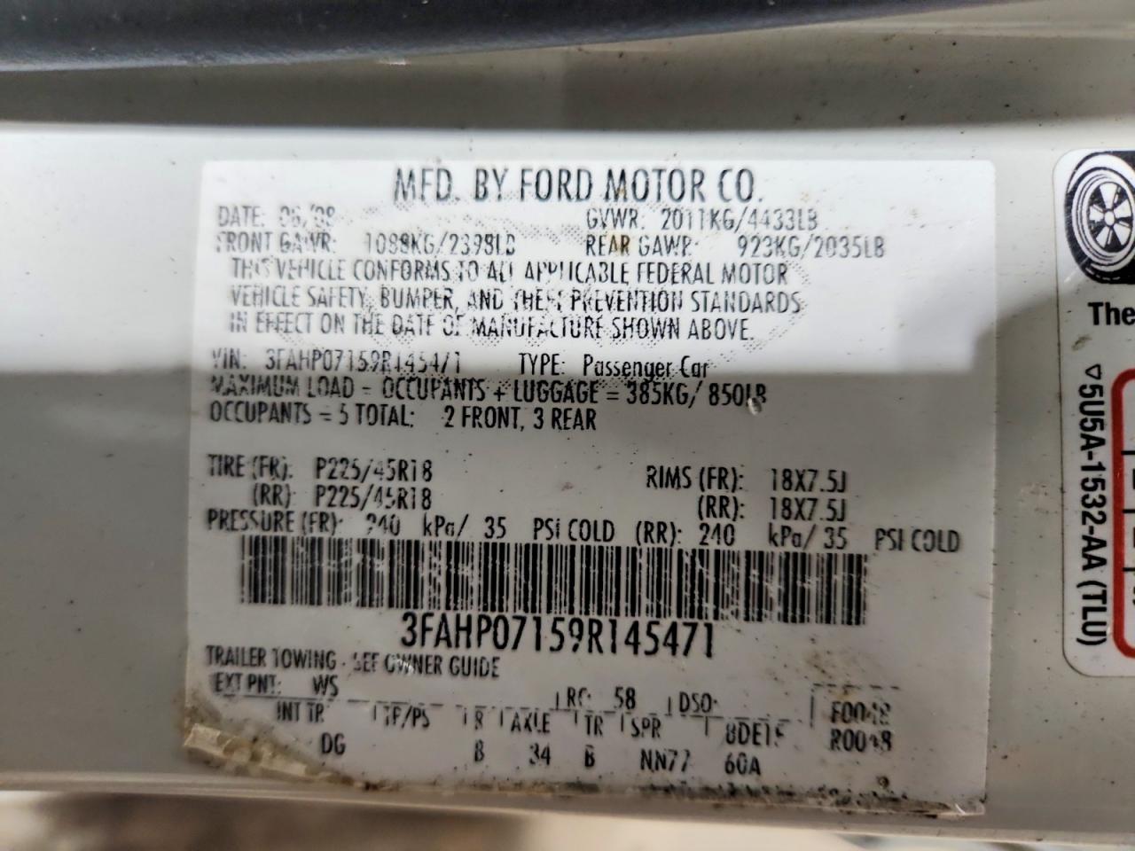 2009 Ford Fusion Se White vin: 3FAHP07159R145471