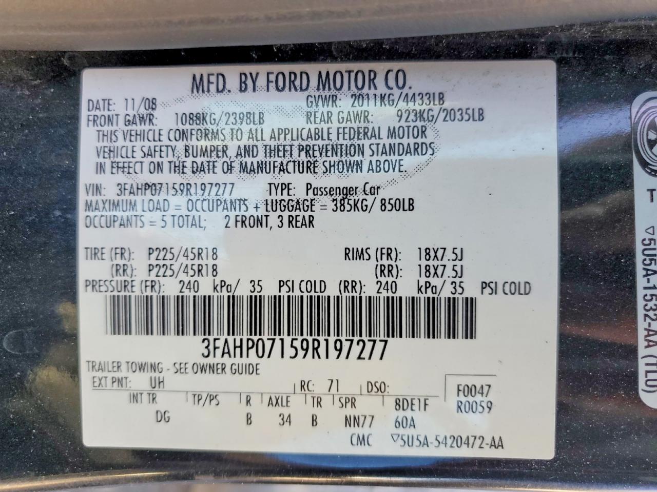 2009 Ford Fusion Se Черный vin: 3FAHP07159R197277