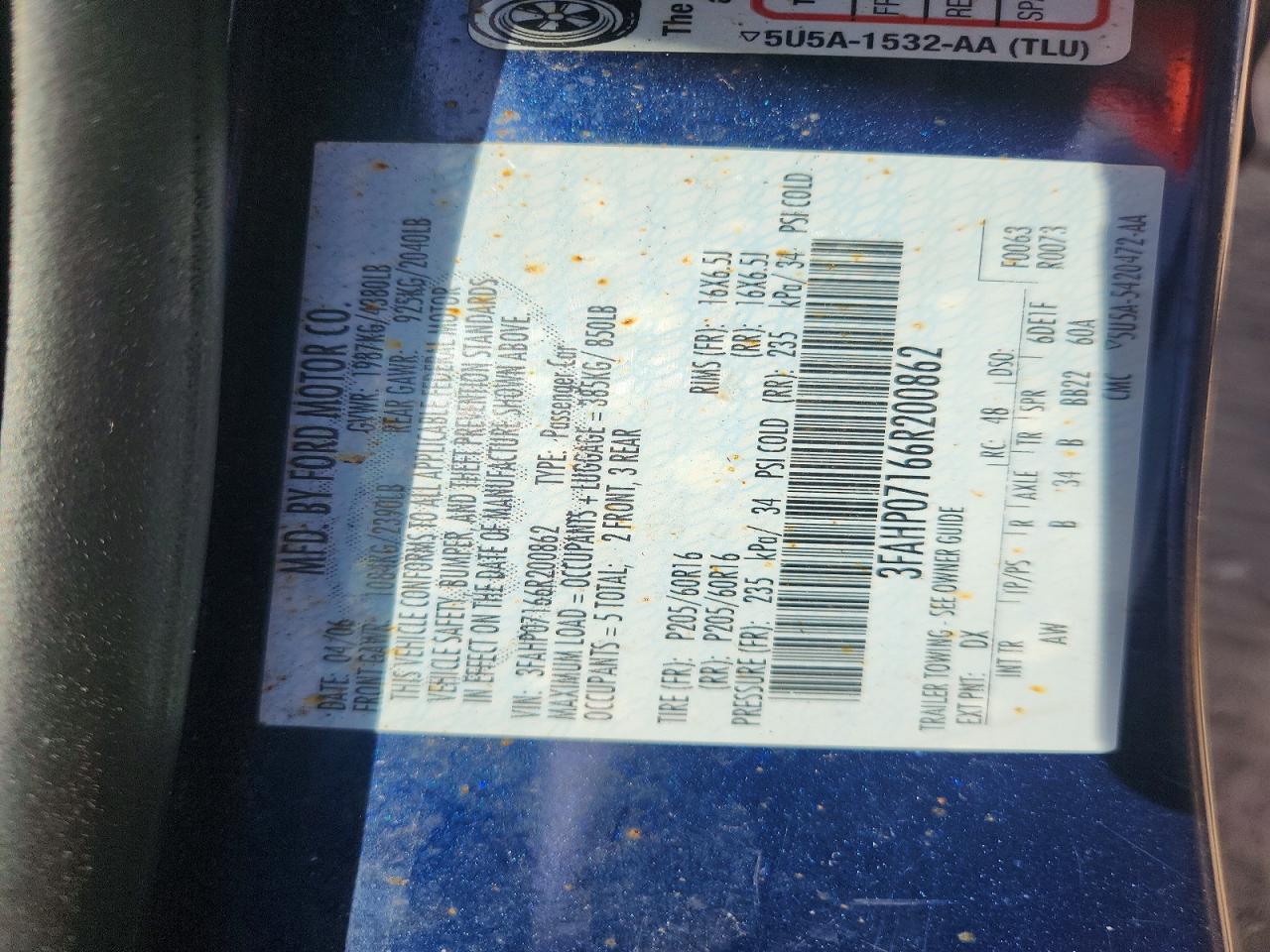 2006 Ford Fusion Se Blue vin: 3FAHP07166R200862