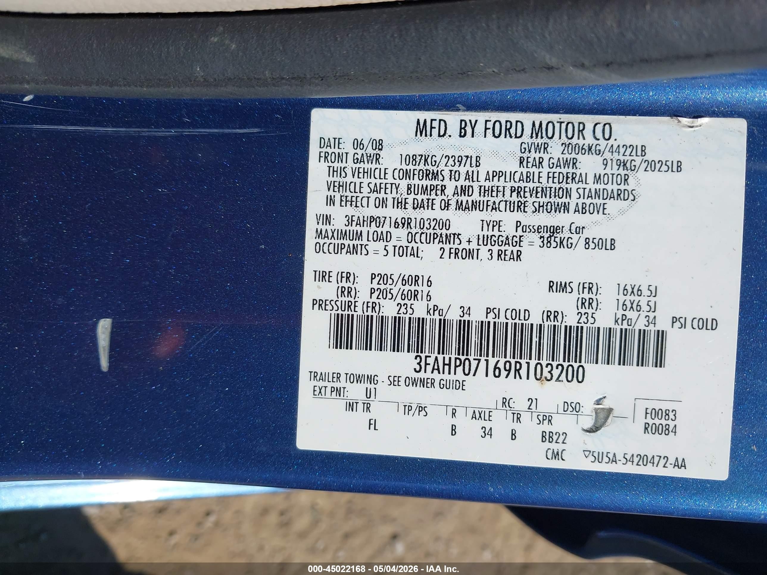2009 Ford Fusion Se Синий vin: 3FAHP07169R103200
